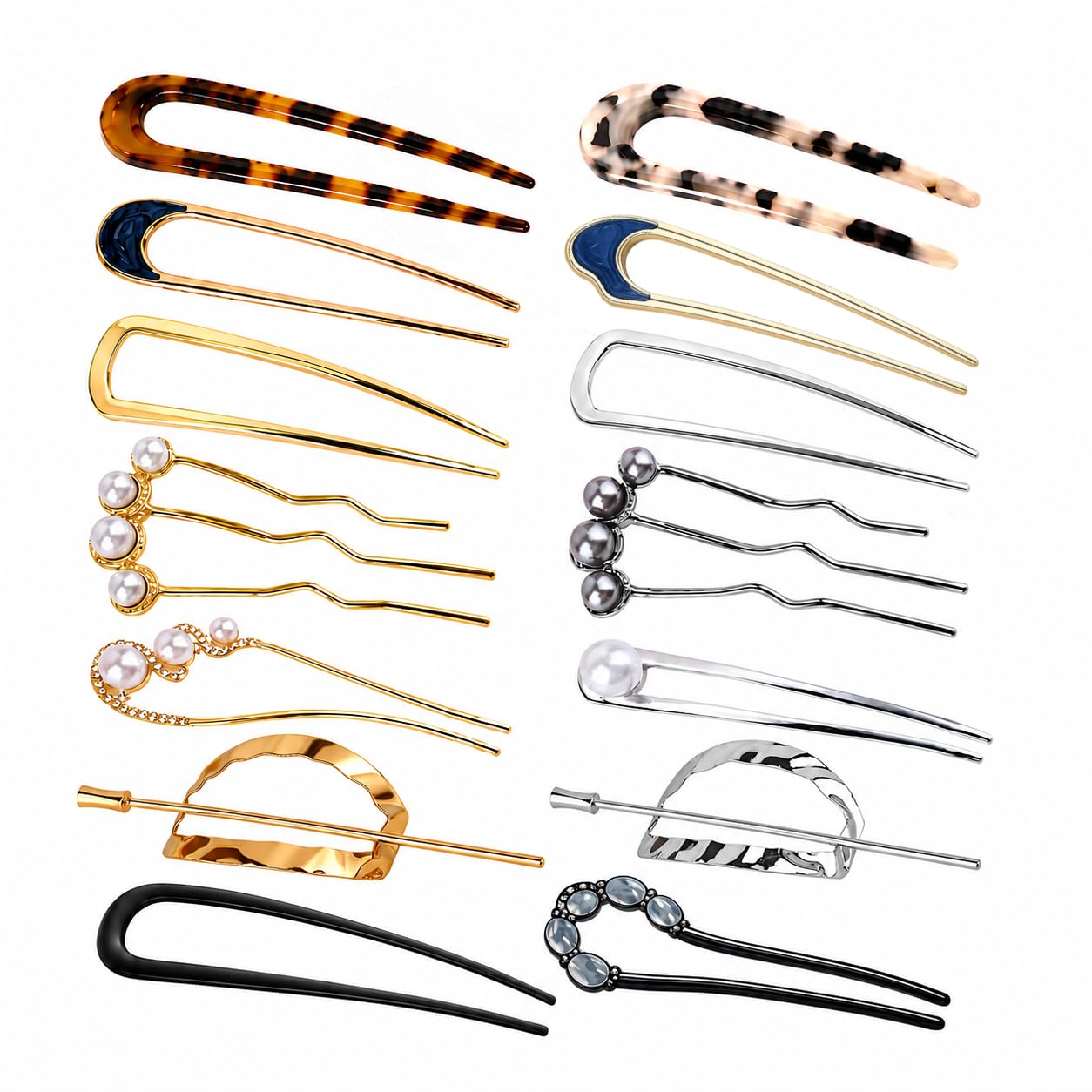 14 Pcs French Hair Pins for Women, U-Shaped Pearl French Twist Hair Pins Metal Hair Forks for Bun and Updo, Decorative Hair Styling Pins for All Hair Types, Daily Wear, Office, Wedding and Party Updos