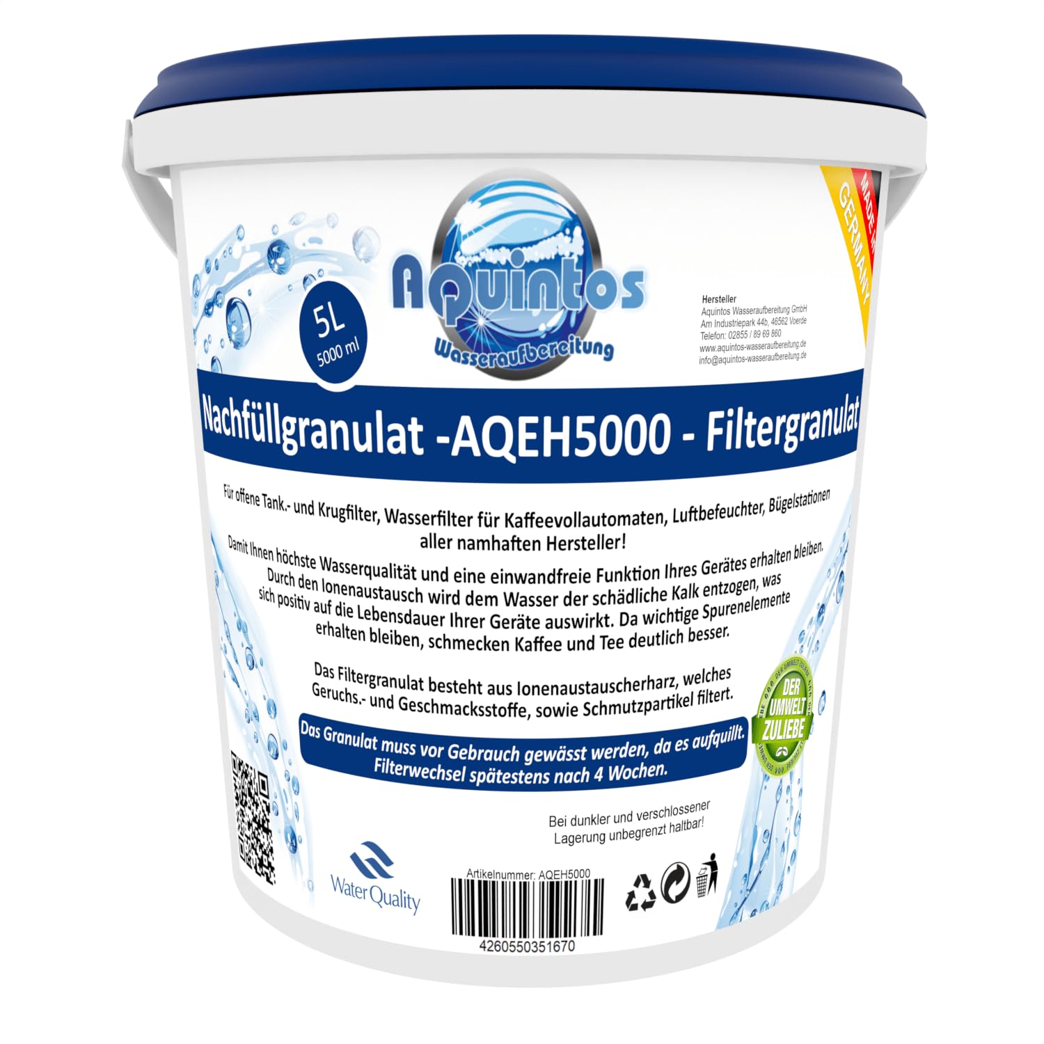5 L Aquintos AQEH5000 Nachfüllgranulat - Filtergranulat - Ionenaustauscherharz - für offene Krug- und Tankfilter/alle namhaften Kaffeemaschinen Hersteller