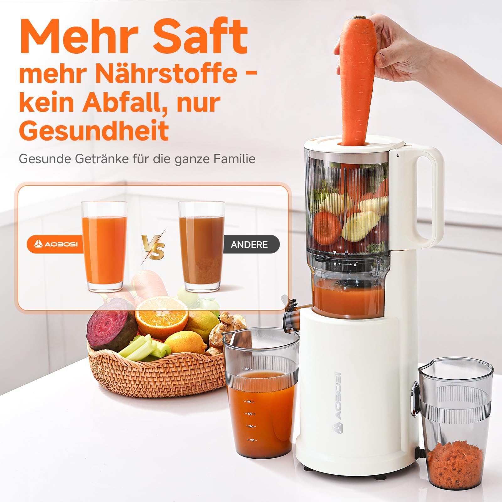 AOBOSI Slow Juicer mit 135 mm großer Einfüllöffnung, 200 W Kaltpress Entsafter mit Rückwärtslauf & Dreifachfilter, BPA-frei & leise, ideal für frischen Saft aus Obst und Gemüse