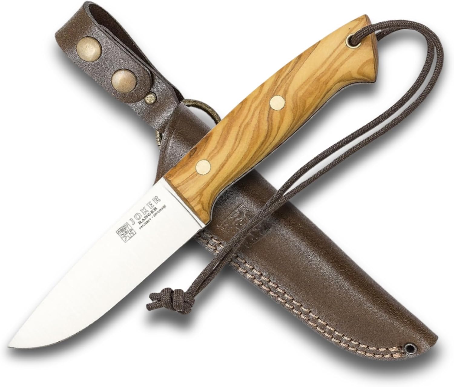 Joker Ranger CO144-P Bushcraft Hunting Knife – 4.3'' 14C28N Steel Blade, Olive Wood Handle, Brown Leather Sheath with Fire Starter – Outdoor Knife for Hunting, Fishing, Camping & Hiking