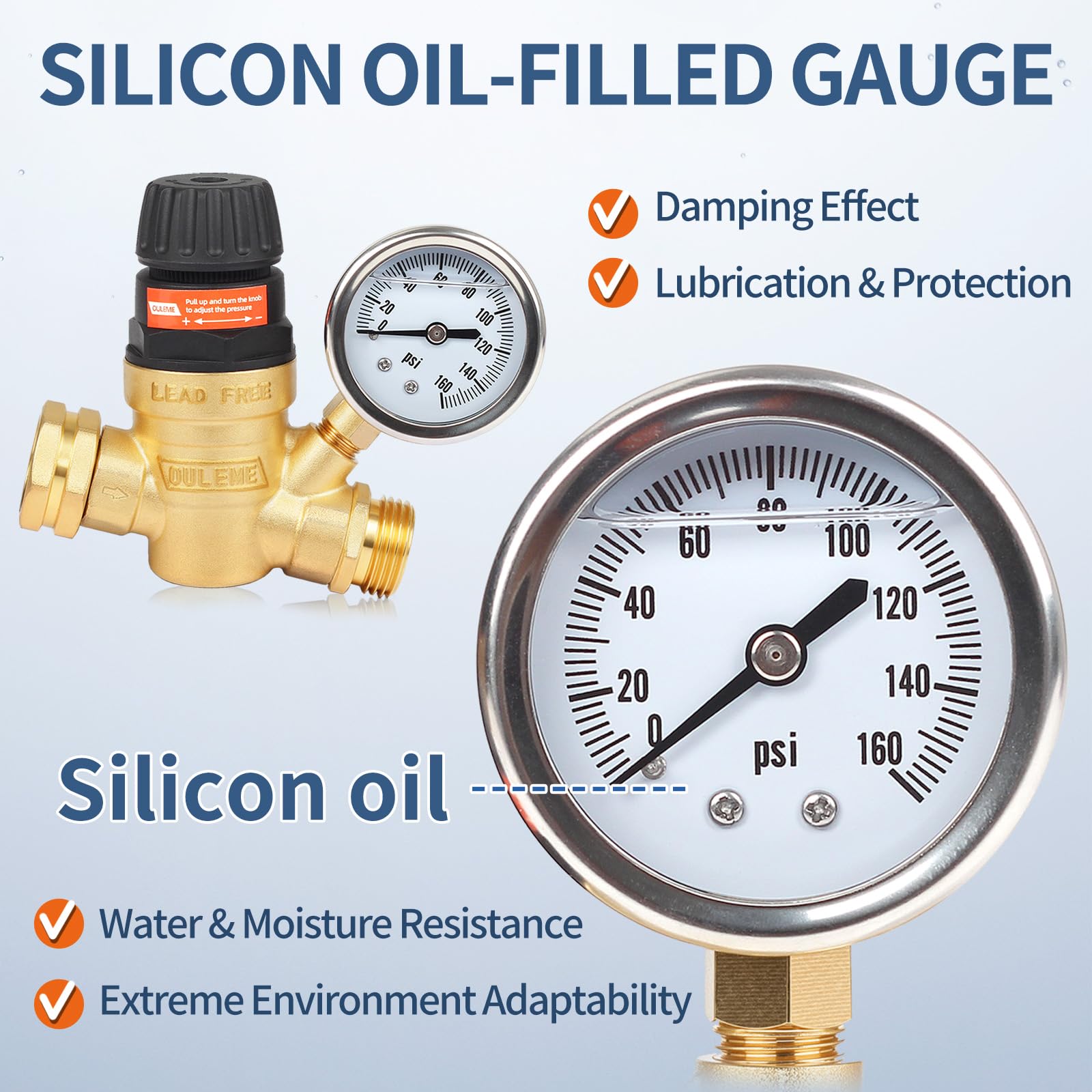 OULEME Válvula reguladora de presión de agua RV con mango ajustable, medidor de aceite de silicona, filtros dobles, latón sin plomo y conector de 3/4 pulgadas para control de presión de agua de