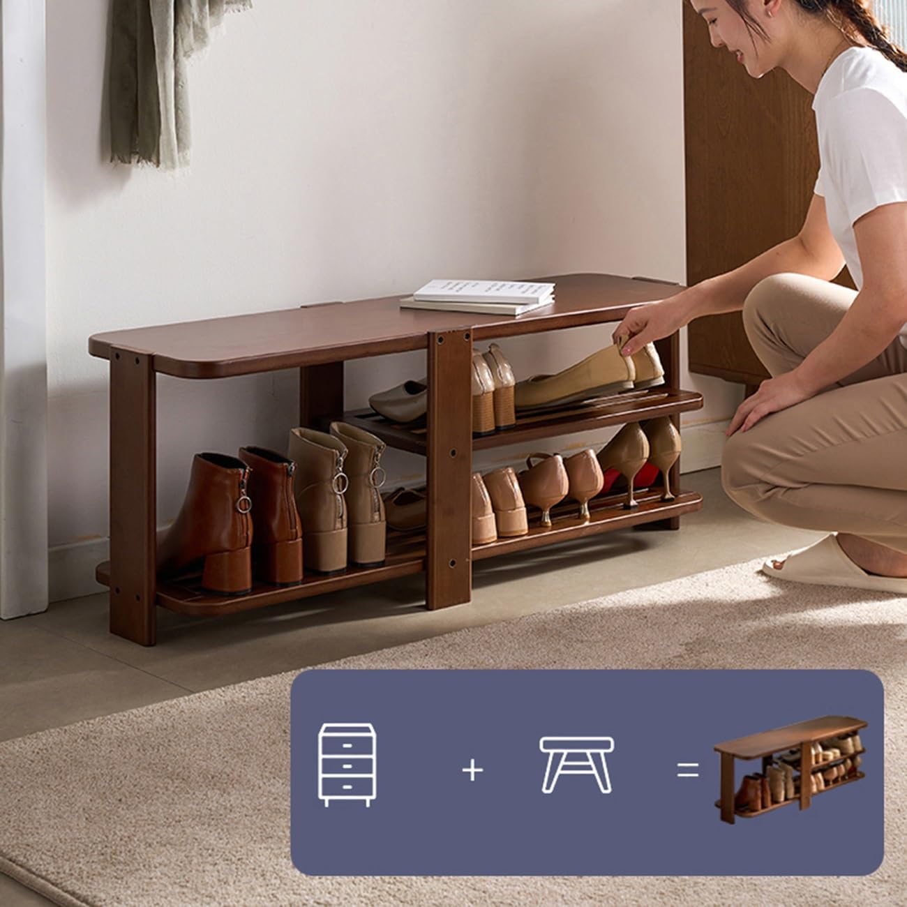 Banc porte-chaussures de style campagnard avec étagère, banc d'entrée avec rangement pour chaussures, pouf de rangement pour entrée, pour couloir, porte d'entrée, salon, chambre (82 * 32 * 33 cm / 3