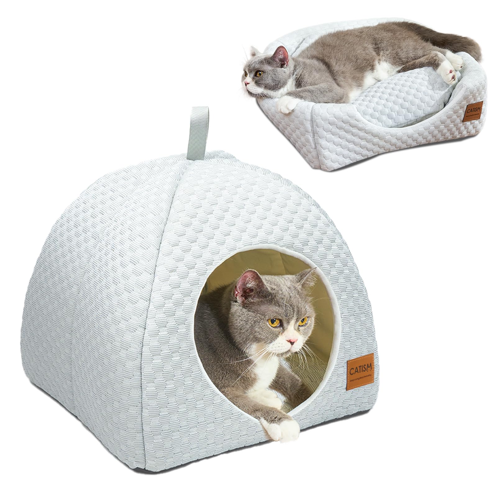 CATISM Niche Rafraîchissante pour Chat | 2 en 1 Lit Rafraichissant Chat d'intérieur Lavable en Machine Pliable avec Tapis Rafraichissant Coussin | Maison pour Chats et Chiot | Blanc Gris