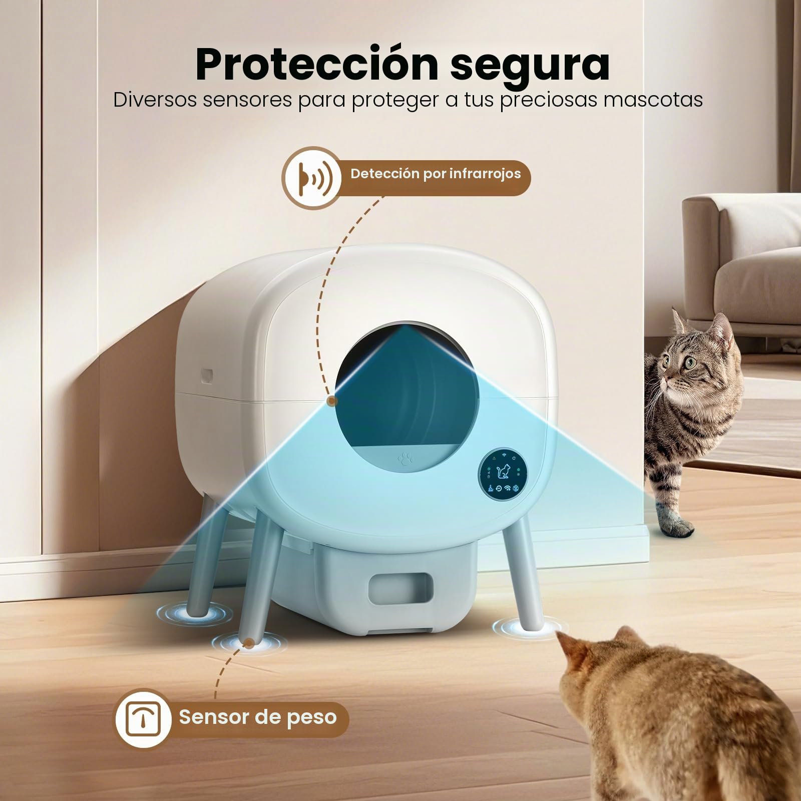 TAYACICY Caja de arena autolimpiable, caja de arena automática de gran capacidad para varios gatos con control de aplicación y protección de seguridad, 2 bolsas de arena enrollables, color blanco
