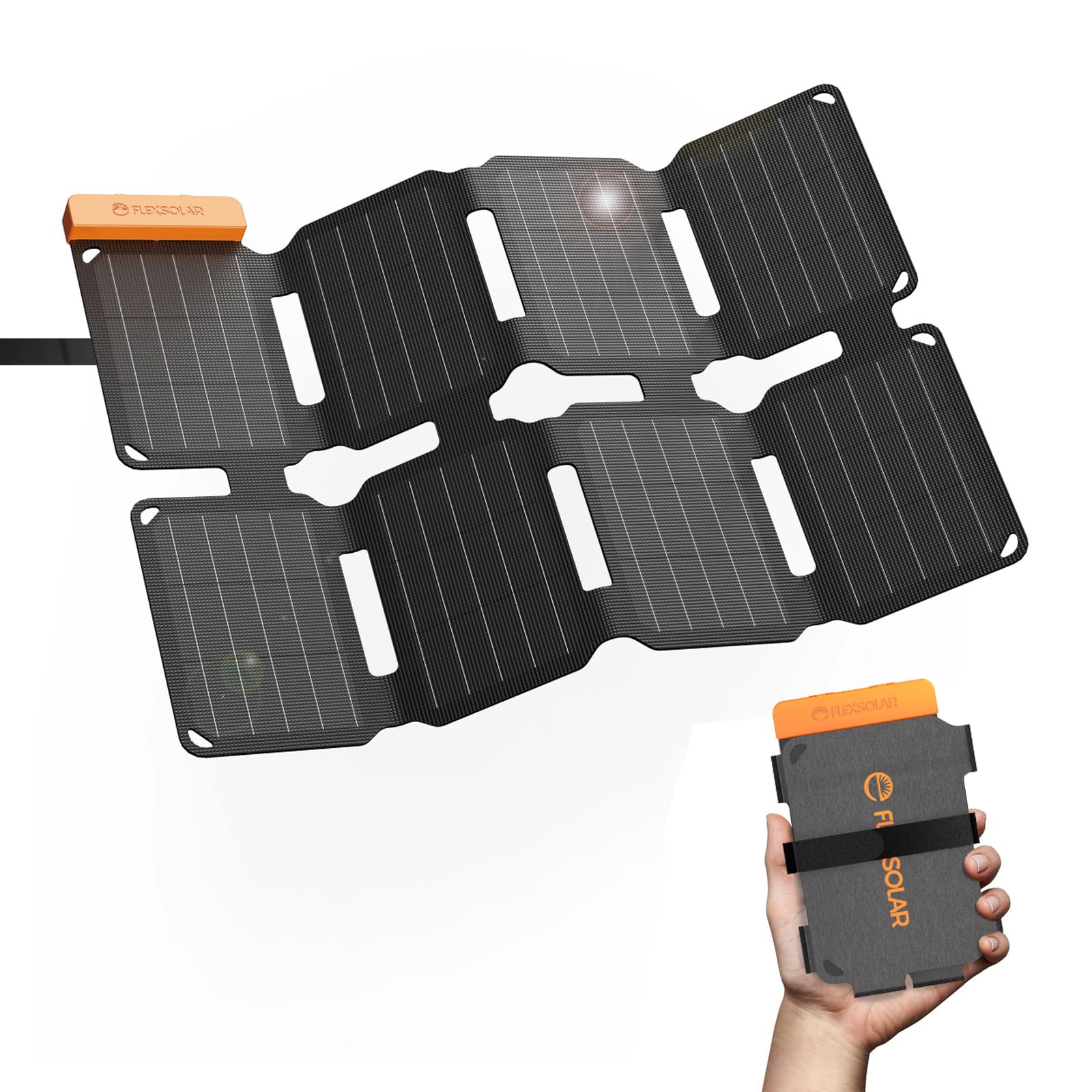 Flexsolar 25W Mini Składany Panel Słoneczny w Rozmiarze Kieszonkowym, Wodoodporny E-Film Przenośny Ładownik Słoneczny z USB-A i USB-C dla Stacji Zasilania, Smartfonów, Tabletów, Powerbanków