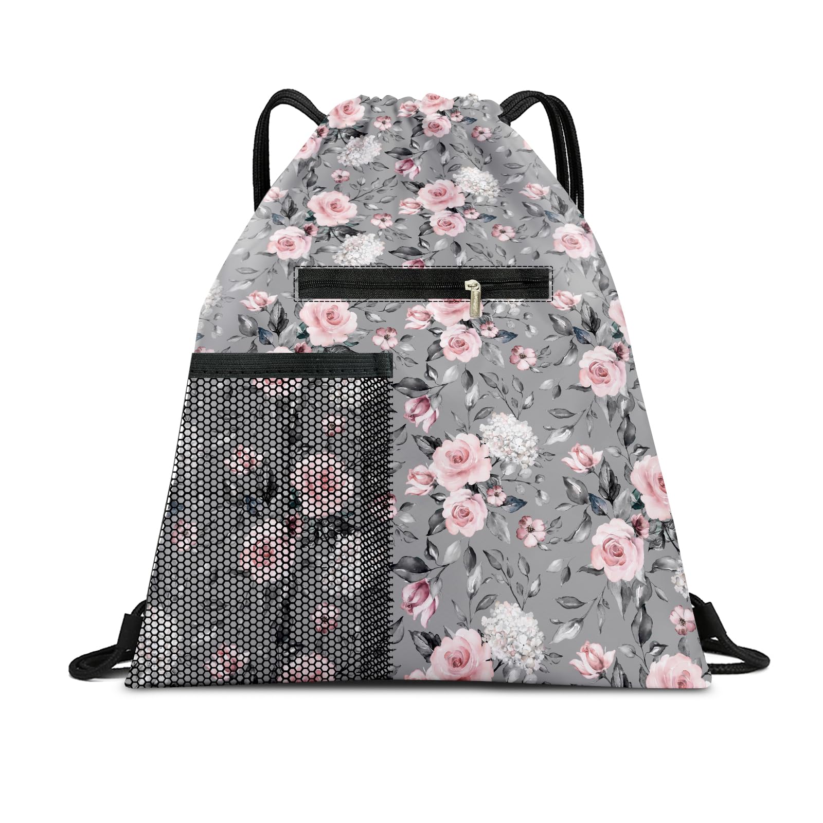 AYBELWG Drawstring Backpack Sports Gym Bag, Large String Swim Bag for Beach With Water Bottle Mesh Pocket, Cute Gym Sack with Zipper Pocket for Men