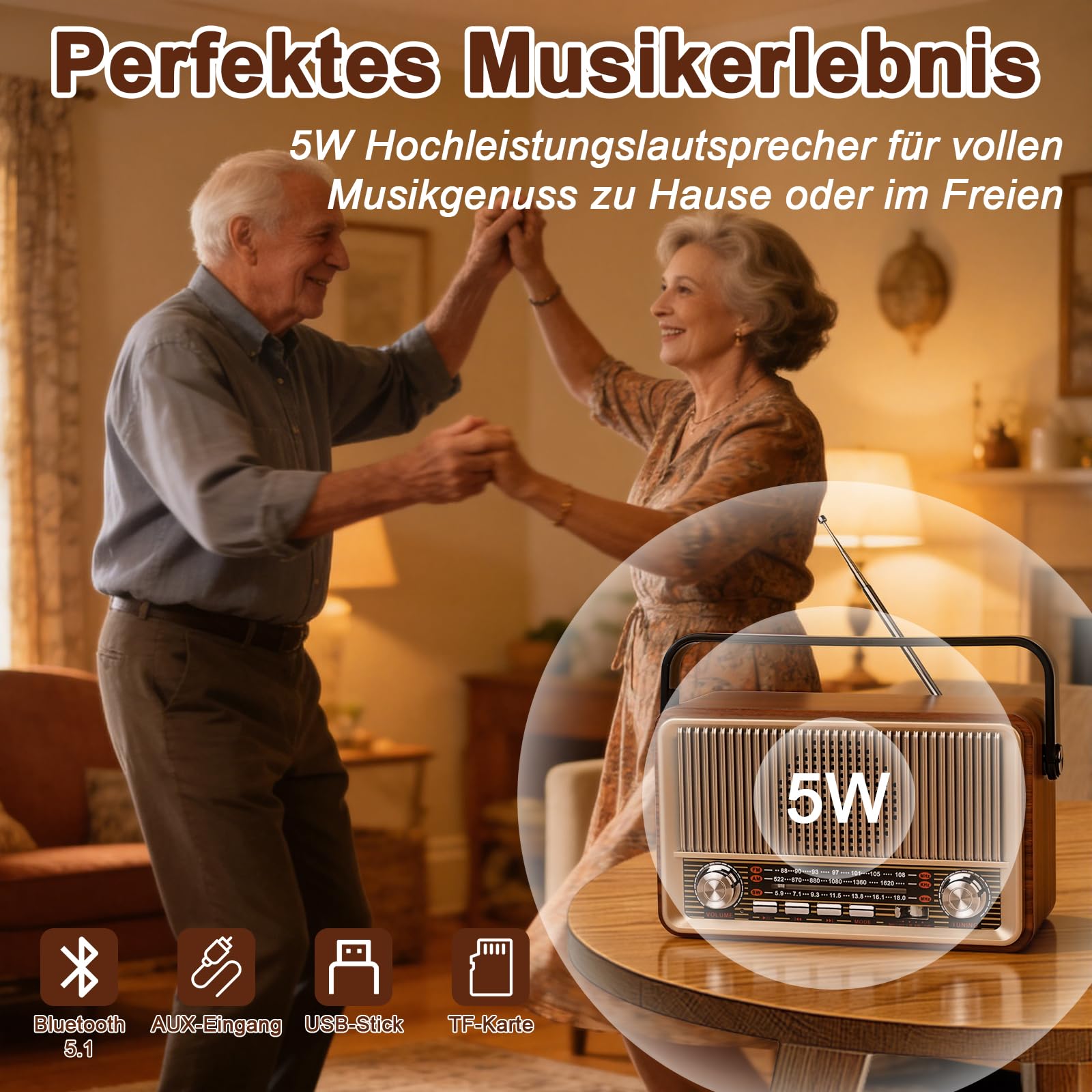 Retro Radio AM/FM/SW kofferradio mit 1200mAh Akku& Bluetooth 5.1,AUX/USB/TF Unterstützung - Für Küche, Büro Und Zuhause, Einfaches Radios für Senioren