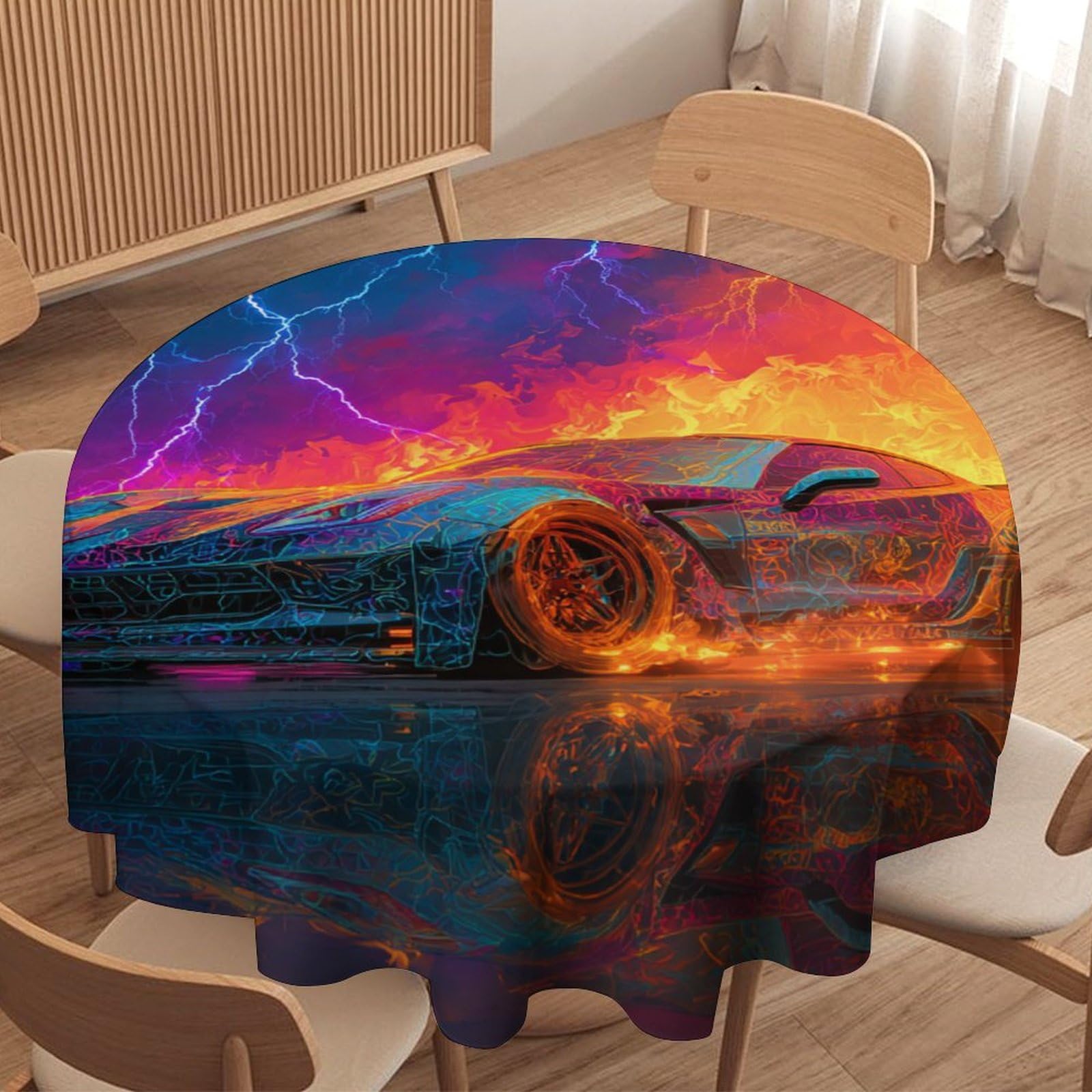 LUYYSKY Funny Painting Art Racing Car Round Tablecloth Modern Classic Lightning Burning Sports Car Pattern Washable Decor for Table Cover for Kitchen-70 Wx70 L