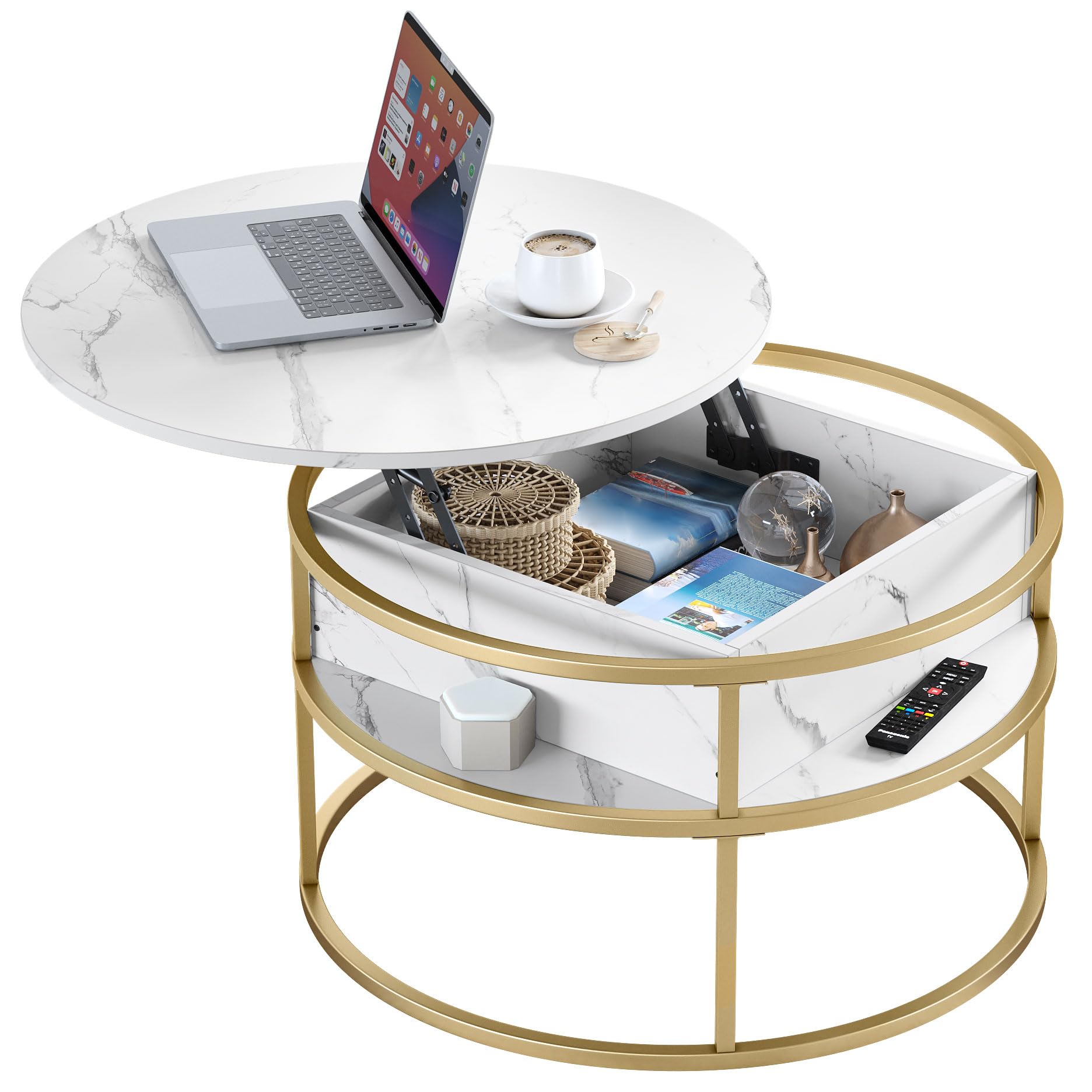 YITAHOME Couchtisch Rund mit Hebeplatte, Wohnzimmertisch mit verstecktem Ablagefach, Beistelltisch Rund mit Stauraum für Home Office, Runder Mitteltische Wohnzimmer