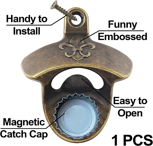 Miniatura 2 de Abrebotellas magnético vintage montado en la pared Fleur De Lis Beer Cap Abridor con imanes Montable Bronce Antiguo