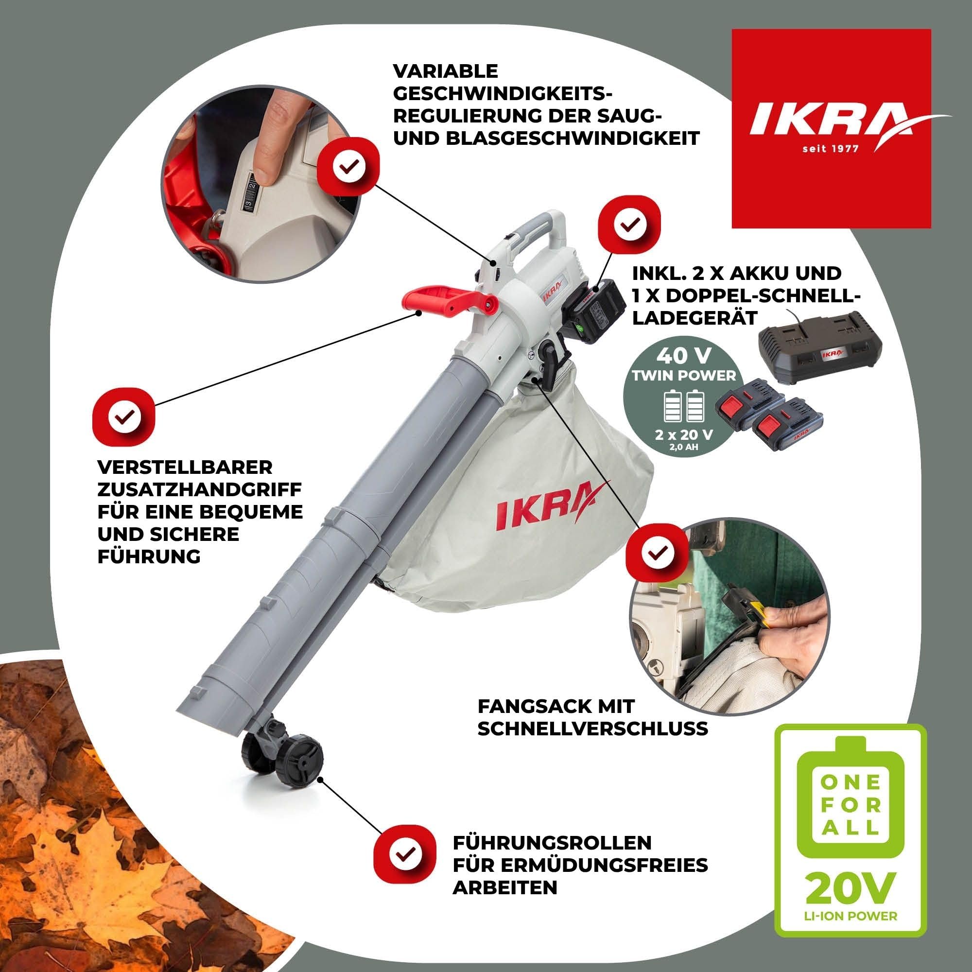 IKRA 3in1 Laubbläser Laubsauger IALS 2-20 inkl. 2 Akku 20V & Ladegerät | Wahlschalter für Saug- und Blasfunktion, bis zu 210 km/h, inkl. Fangsack 45l & Schultergurt, 20V-Akku-Familie von IKRA