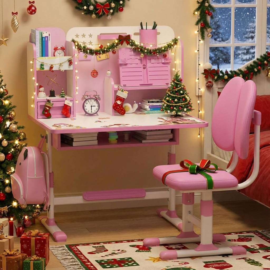 Study Desk and Chair Set, Height Adjustable Kids Table and Chairs with Sitting Corrector, Ergonomic Escritorio Para Niñas with Book Stand Storage Foot Pedal Partition Design for Ages 3–18 (Pink)