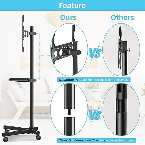 Miniatura 2 de Carritos de TV móviles con ruedas para televisores de panel planocurvado de 21 a 60 pulgadas - Soporte de piso ajustable en altura con estante que