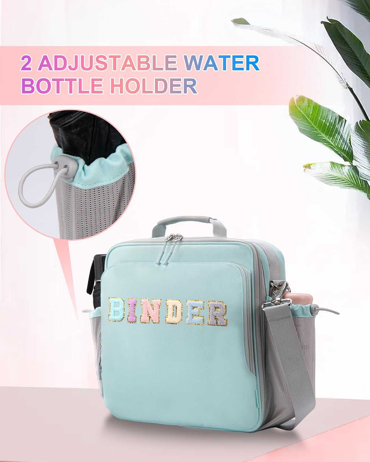 3 Ring Zipper Binder 3 Inch D Rings with Double Water Bottle Holder, Cute Water-Resistant Zip Up Binder for Middle School, 700-Sheet Capacity & Shoulder Strap & Laptop, Blue
