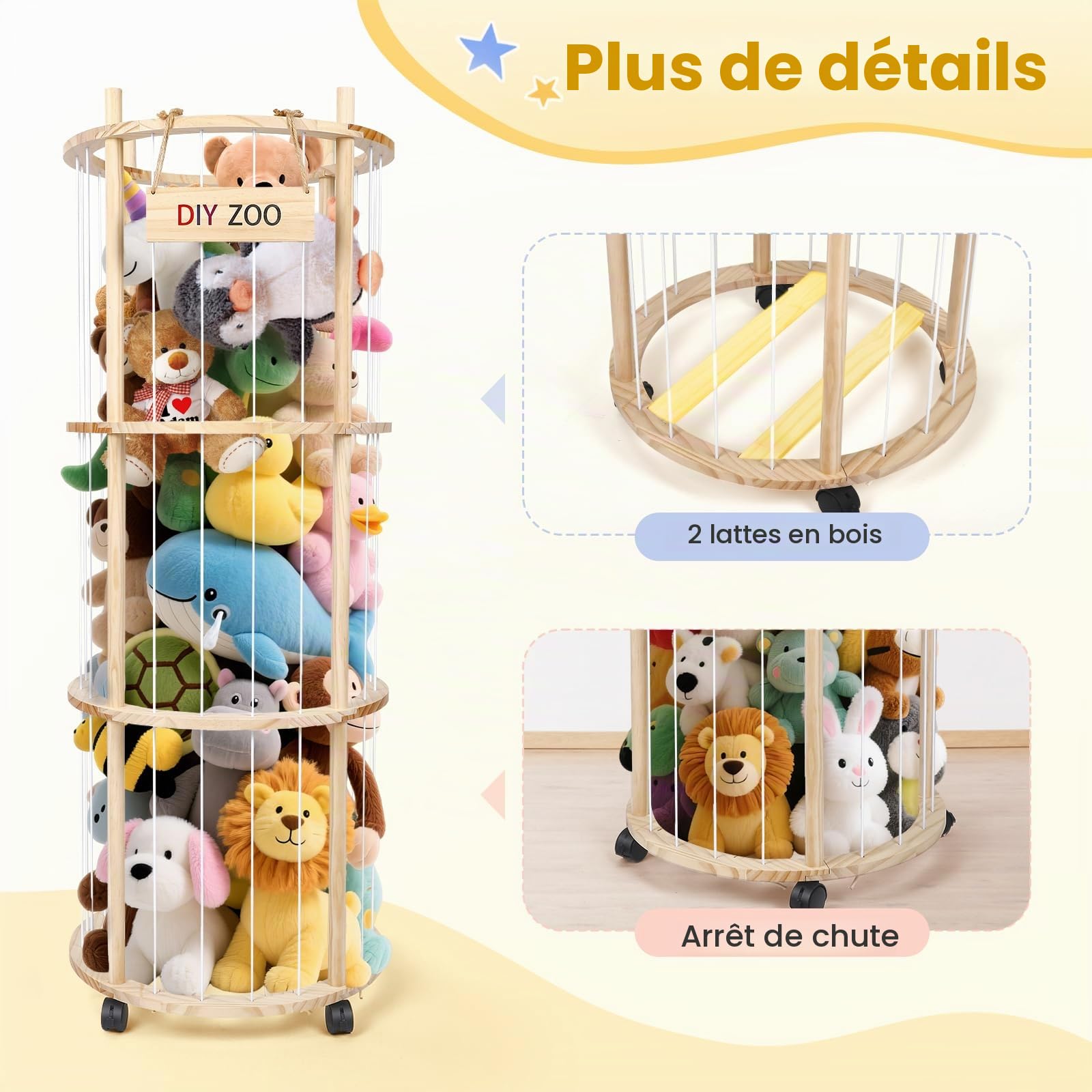 Rangement pour peluches, avec frein à 360°, roues équipées de freins à 360°, 130 x 48,2 x 30 cm, pour chambre d'enfant, salle de jeux, salon, etc. (rond)