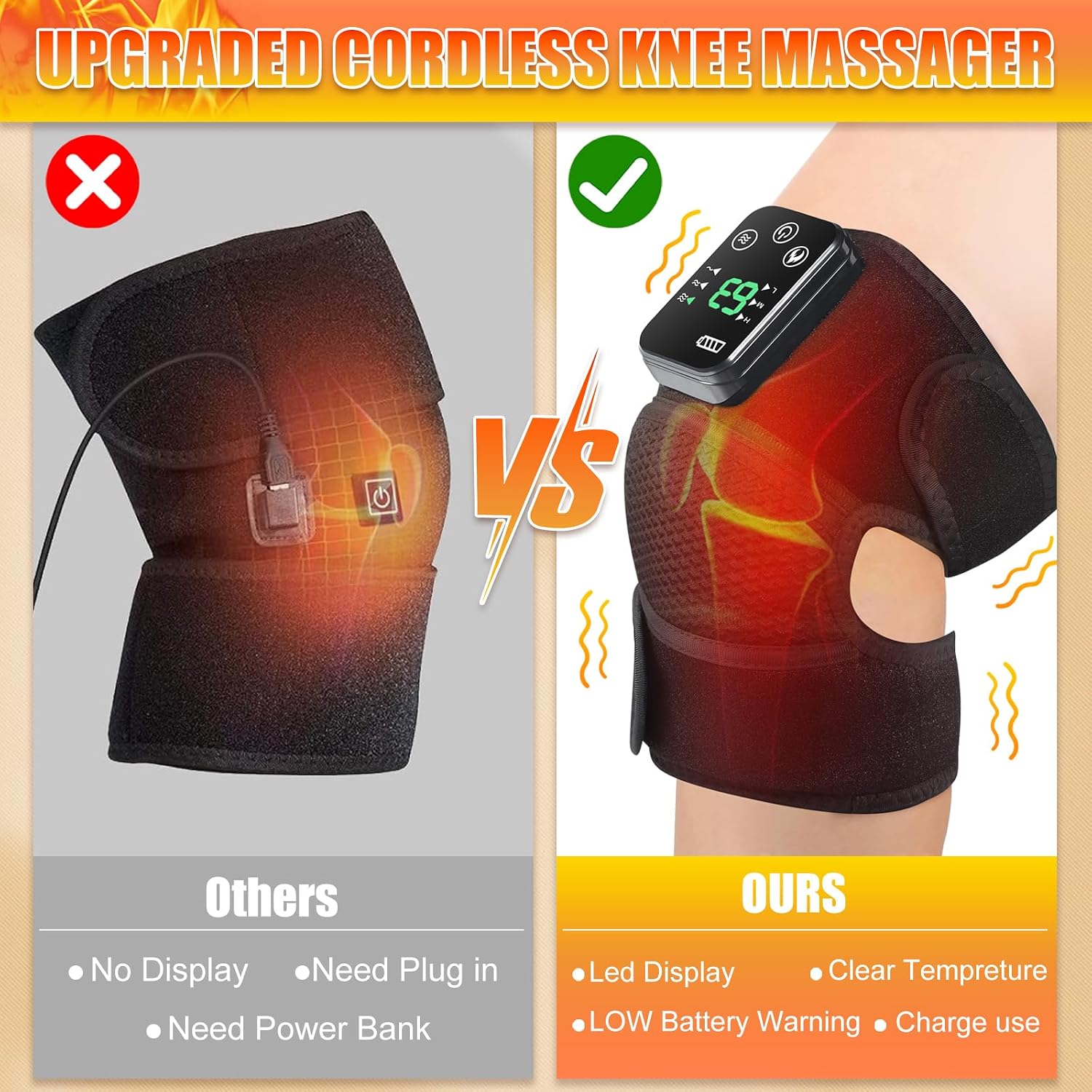 Knee Massager, Cordless Heated Knee Support Wrap with Massage, Rechargeable Heating Massager Wrap with Infrared and Vibration for Elbow/Shoulder Relax, Arthritis/Joint Stiff/Muscle Strain