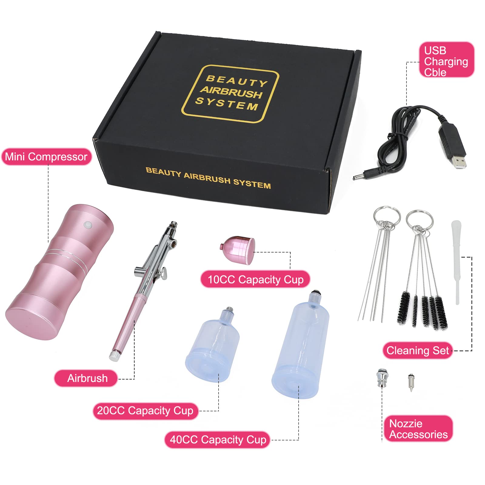 Kit Aérographe Compresseur 34PSI Sans Fil Buse 0,4mm Portable | Moteur 7,4V + Batterie 1000mAh, 3 Godets 10/20/40cc, 5 Brosses, Régulateur Débit, pour Tatouage, Manucure, Gâteau, Modelisme