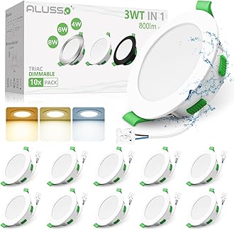 ALUSSO LED Slim Downlights Dimmable 4W 6W 8W Selectable Recessed Ceiling Lights, 3CCT 3000K Warm 4000K Neutral 6500K Cool Adjustable IP44 Spot Lights for Bathroom Kitchen, White, 10 Pack [Energy Class D]