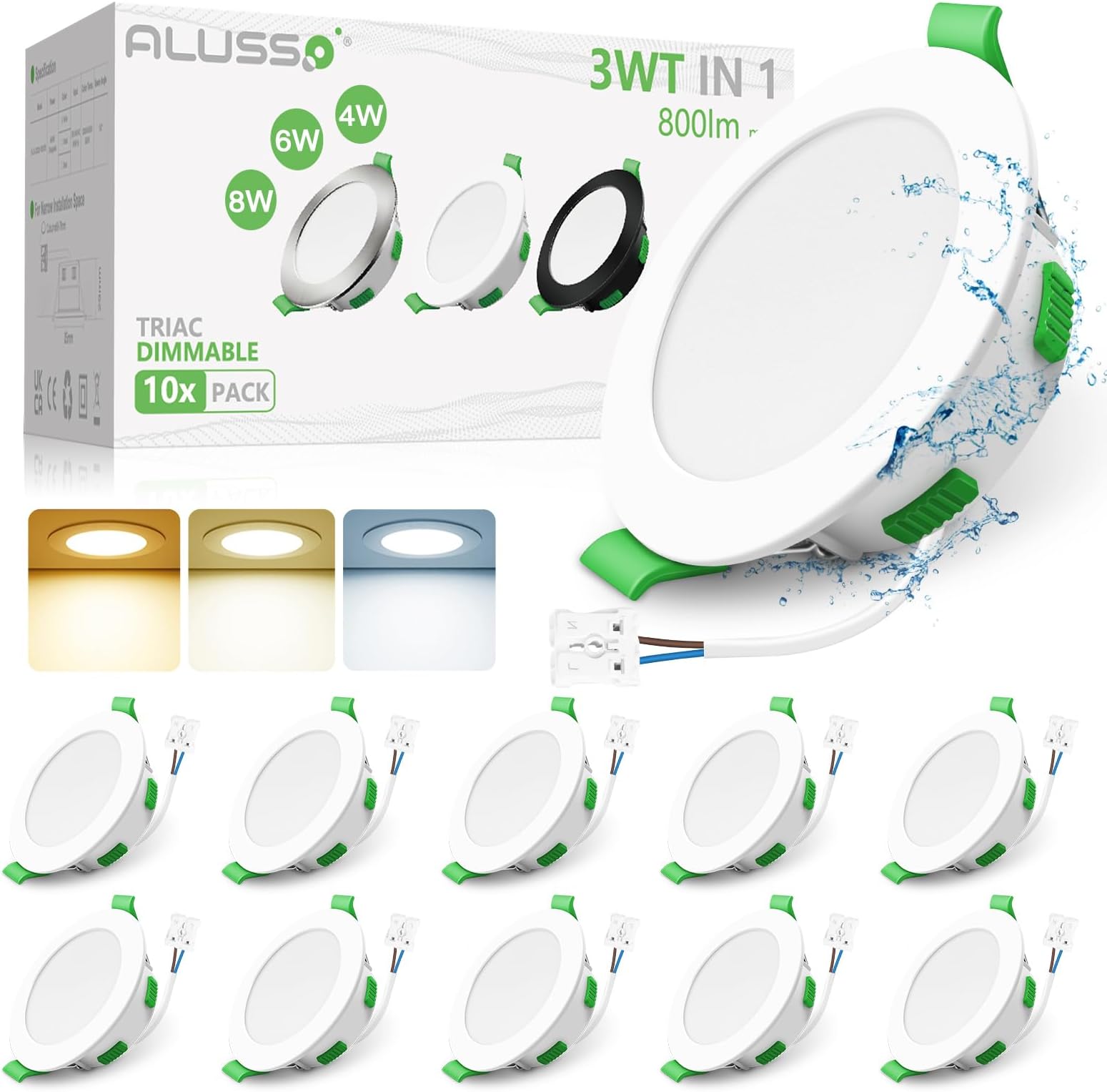 LED Slim Downlights Dimmable 4W 6W 8W Selectable Recessed Ceiling Lights, 3CCT 3000K Warm 4000K Neutral 6500K Cool Adjustable IP44 Spot Lights for Bathroom Kitchen, White, 10 Pack