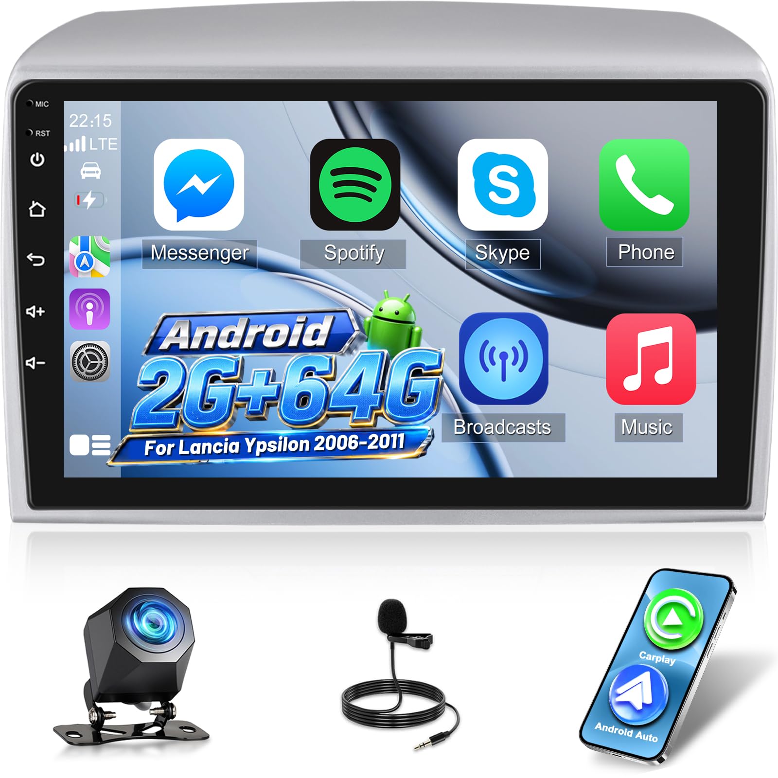 NHOPEEW Autoradio 2+64G per Lancia Ypsilon 2006-2011 con supporto per CarPlay wireless e Android Auto Mirror Link navigazione GPS comandi al volante 40 temi dell'interfaccia utente e video online