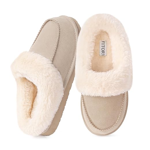 FITORY Women's Suede Slipper, Flat Slip On House Shoes with Faux Fur Lining Indoor Outdoor Short Mini Boots