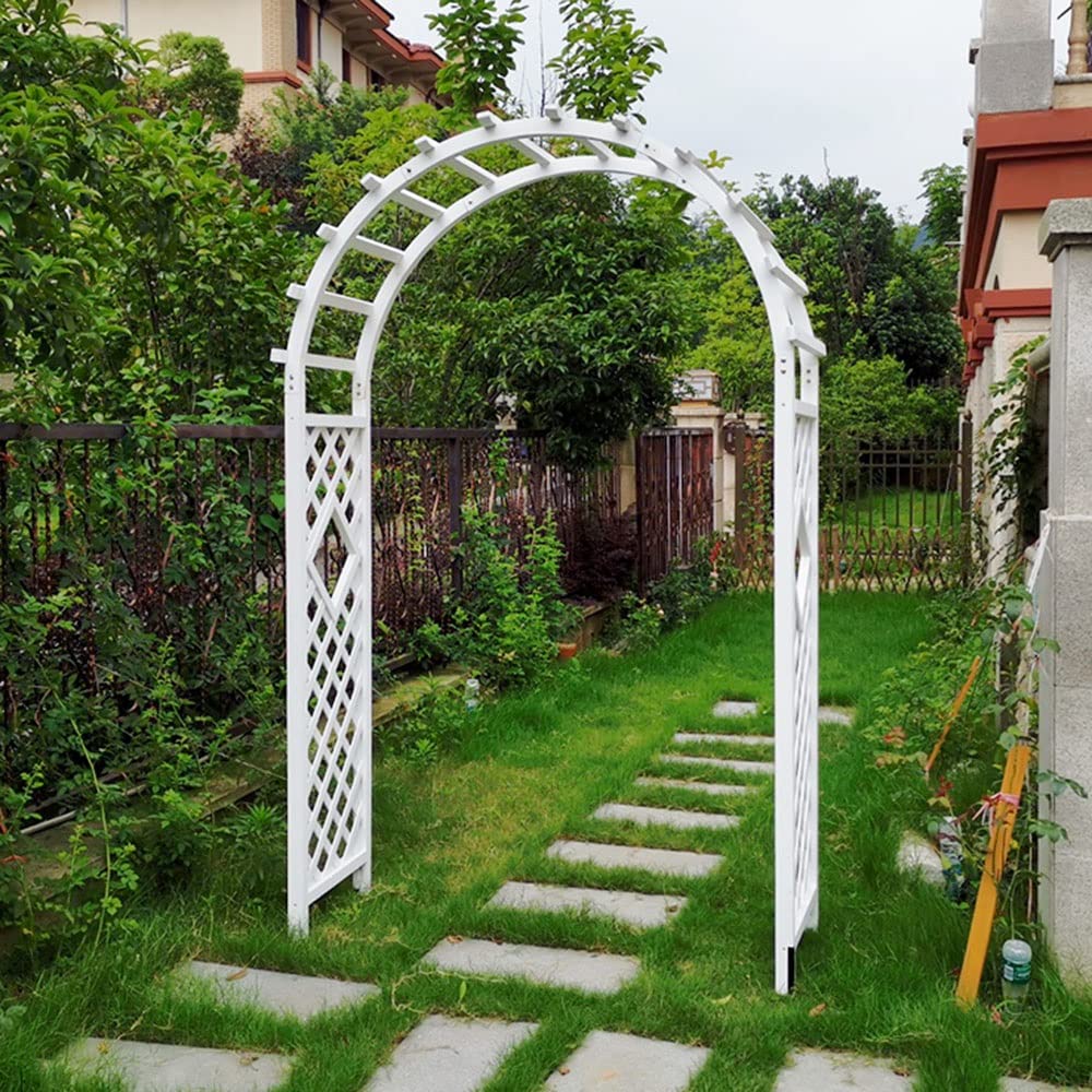 Enrejado de arco de jardín de madera blanca para plantas trepadoras y rosas, cenador de patio al aire libre para patio, piscina y terraza, decoración duradera de 140 x 225 cm