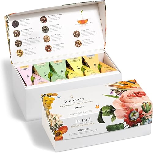 Tea Forte Muestra de caja de té, caja de presentación de jubilee, 20 infusores de té piramidales con té orgánico de hojas sueltas, té verde, té de