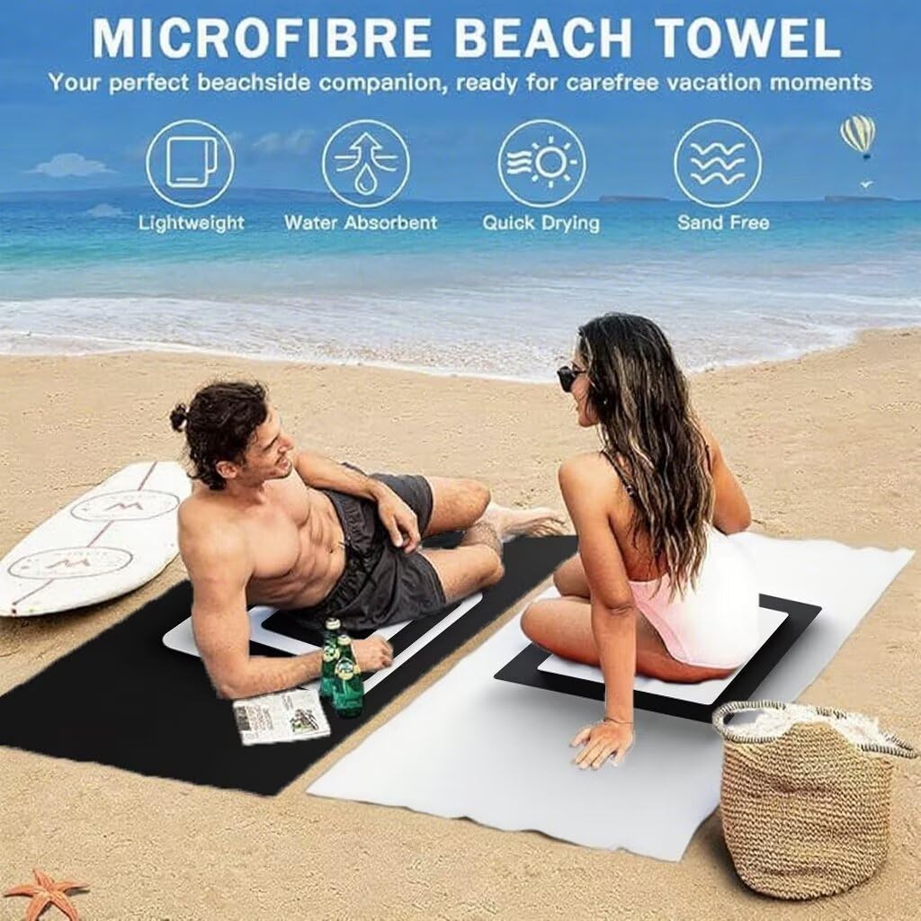 Serviette de Plage 90x200cm, Noir et blanc Serviette Microfibre Lot de 2 Treillis Motif Ultra Absorbantes Séchage Rapide Anti Sable Légère Drap de Plage Design pour Piscine Voyages Sauna, Model986