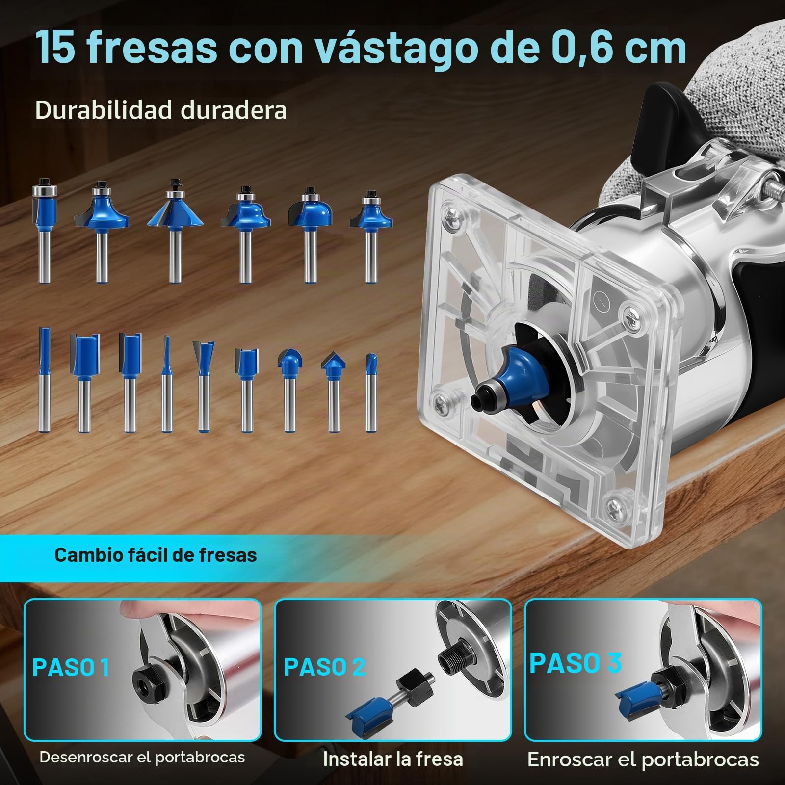 Fresadora para Madera, 800W 30000RPM Rebajadora Eléctrica, Fresadora de Mano mit Juego de 15 Fresas de 1/4" (6,35 mm) para Bricolaje, Carpintería, Base Transparente| Carcasa de Aluminio
