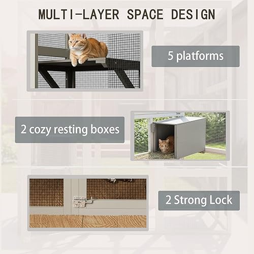 Miniatura 4 de Recinto grande para gatos Catio de 70 pulgadas, patio de madera para gatos con techo impermeable resistente a los rayos UV, refugio para gatos con 5