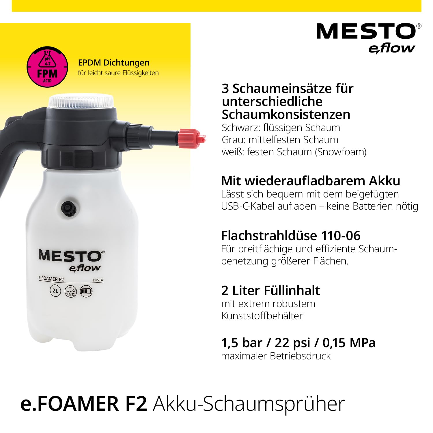 MESTO e.FOAMER F2 Akku-Schaumsprüher 2 L | Elektrischer Schaumsprüher für Auto & Reinigung | Foam Sprayer 1,5 Bar | Schaum Sprühflasche für leicht saure Flüssigkeiten | inkl. USB-C Kabel