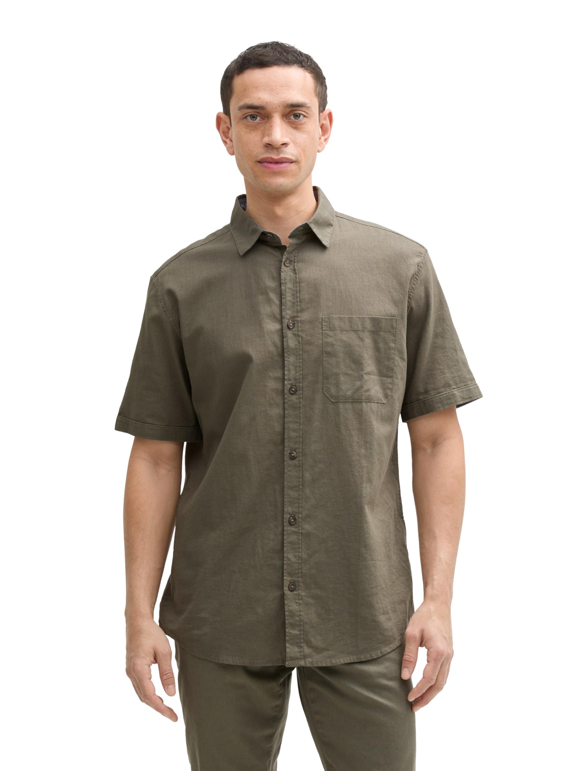 Tom Tailor Herren Regular Fit Kurzarmhemd mit Leinenanteil