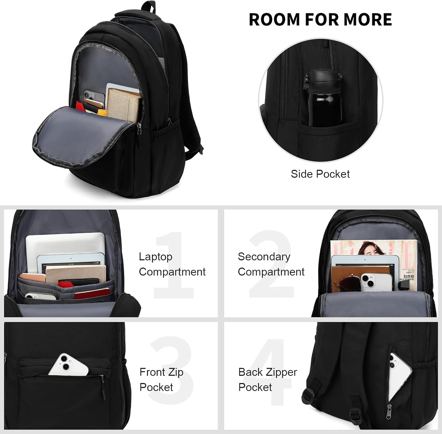 GAEKEAO Everyday Backpack for Women Men, Lightweight Casual Bookbag Travel Backpack for Work College Commute Black