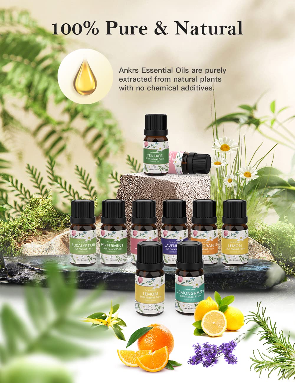 Set d'Huiles Essentielles 10x10ml 100% Naturelles pour Diffuseur d'Aromathérapie - Tea Tree Oil, Eucalyptus, Peppermint, Lemon, Orange, Lemongrass, Lavender, Rose, Ylang-Ylang, Vanilla