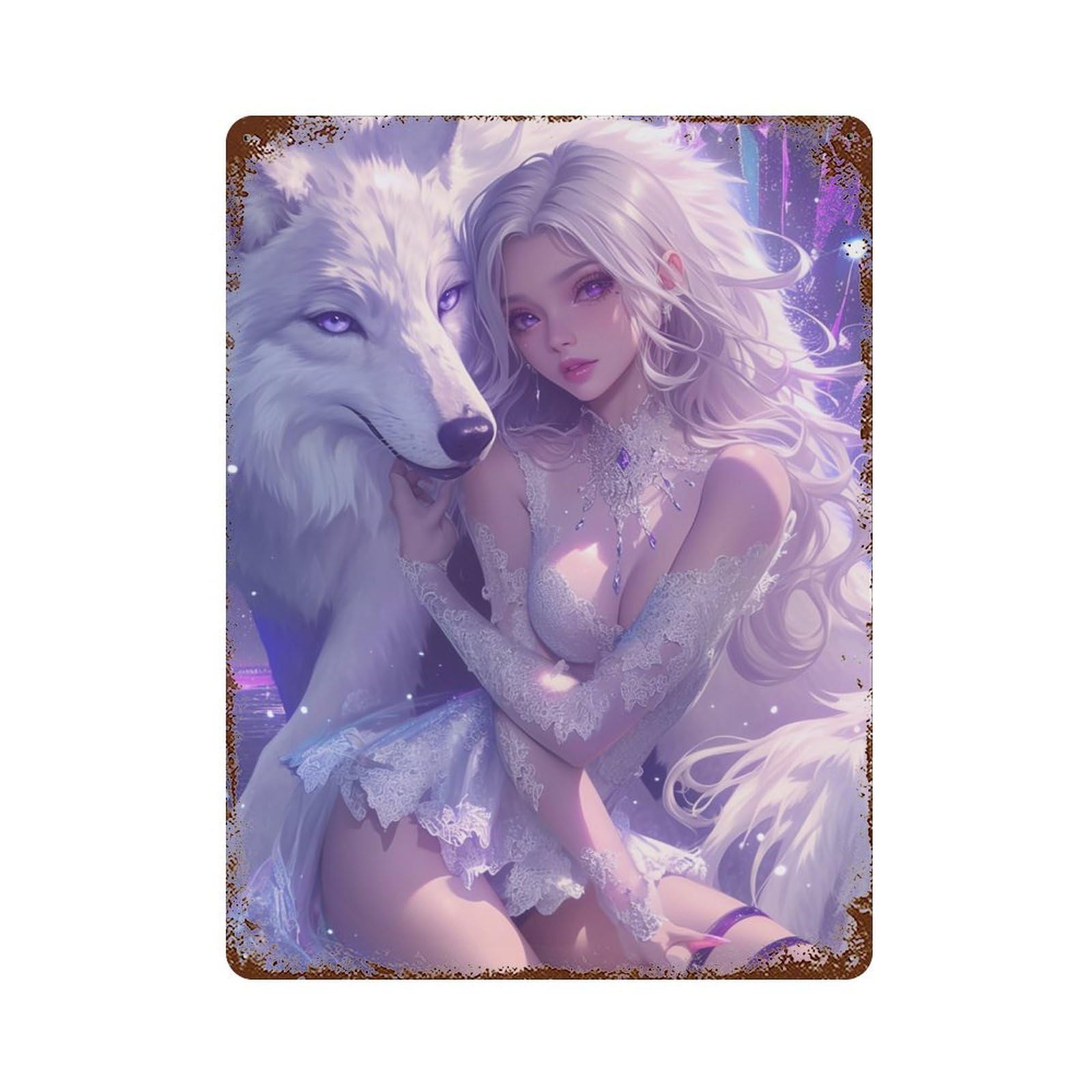 Rust Effect Fantasy Wolf And Fairy Artwork -1 Vintage Metal Tin Sign 15.7"x11.8", Vintage Wall Decor for Office, Studio And Wall Decor