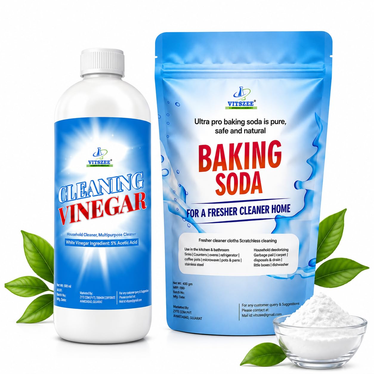 VITSZEE Baking soda 400gm and white Cleaning Vinegar 500ml | Organically washing machine Drum cleaner | All purpose cleaner stain removal-image-7