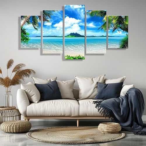 Miniatura 8 de SZ - Lienzo decorativo para pared en cascada para sala de estar, 5 piezas de impresiones de estanque relajante en bosque tropical (montaje con