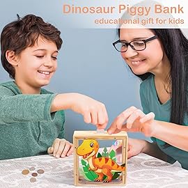 Piggy Bank for Kids, Wooden Money Coin Bank for Boys and Girls, Dinosaur Unicorn Piggy Banks with DIY Stickers for Birthday, Easter Gifts (Orange)