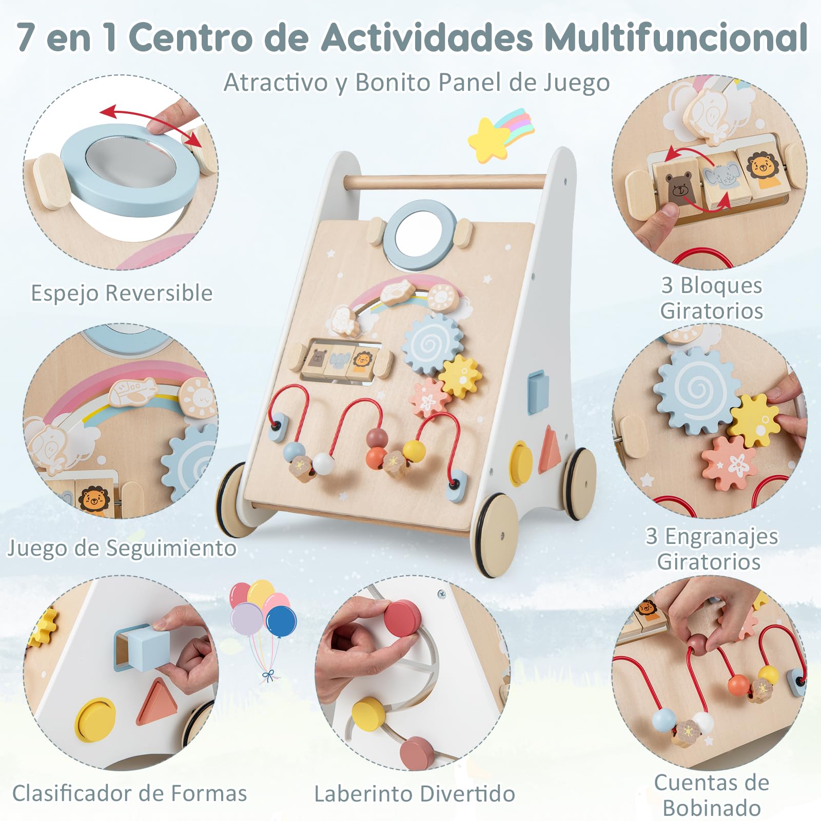 RELAX4LIFE 7 en 1 Andador Bebes de Madera, Parque Infantil Bebe con 7 Juguetes Interactivos y Espacio de Almacenaje, Correpasillos Bebe, Juguete Montessori para Bebés 12+ Meses, 34,5x32,5x45cm, Blanco