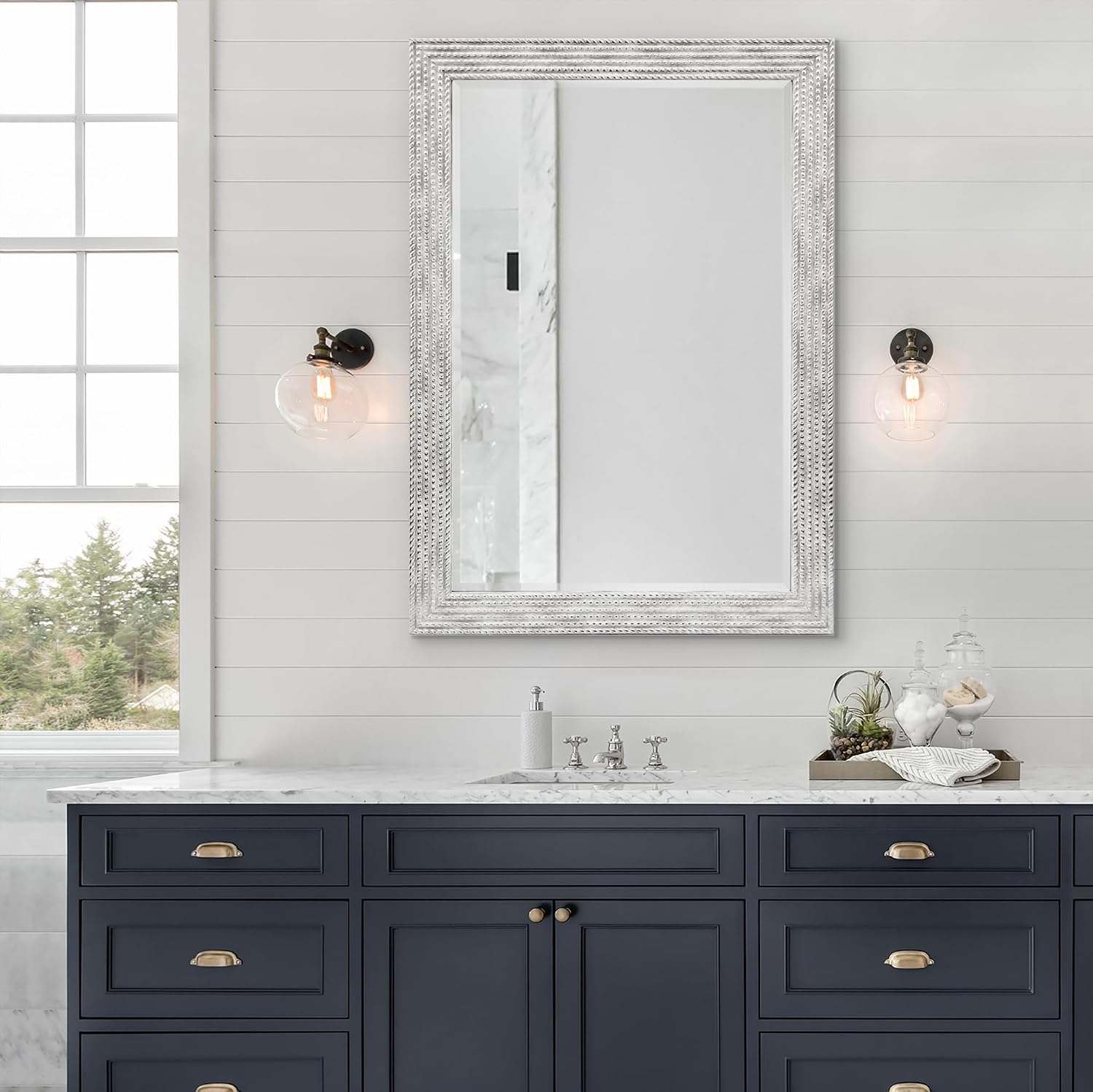 Americanflat 24x36 Wall Mirror - Hanging Mirrors with Durable Frame - Modern Mirror for Bathroom, Bedroom, Living Room - Mirrors for Wall Display and Home Decor - Metallic White with Beaded Texture