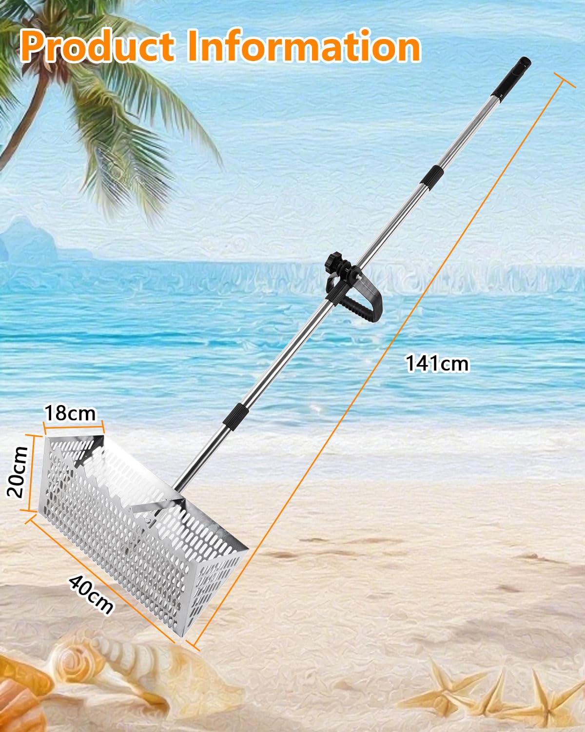 Edelstahl Strand Sandsieb Mit Rutschfestem Griff, Abnehmbarem 170 cm Langen Sandrechen Griff, 20×40cm Korb, Edelstahl 304, für Strand Camping/gemeinsame Aktivitäten mit Kindern