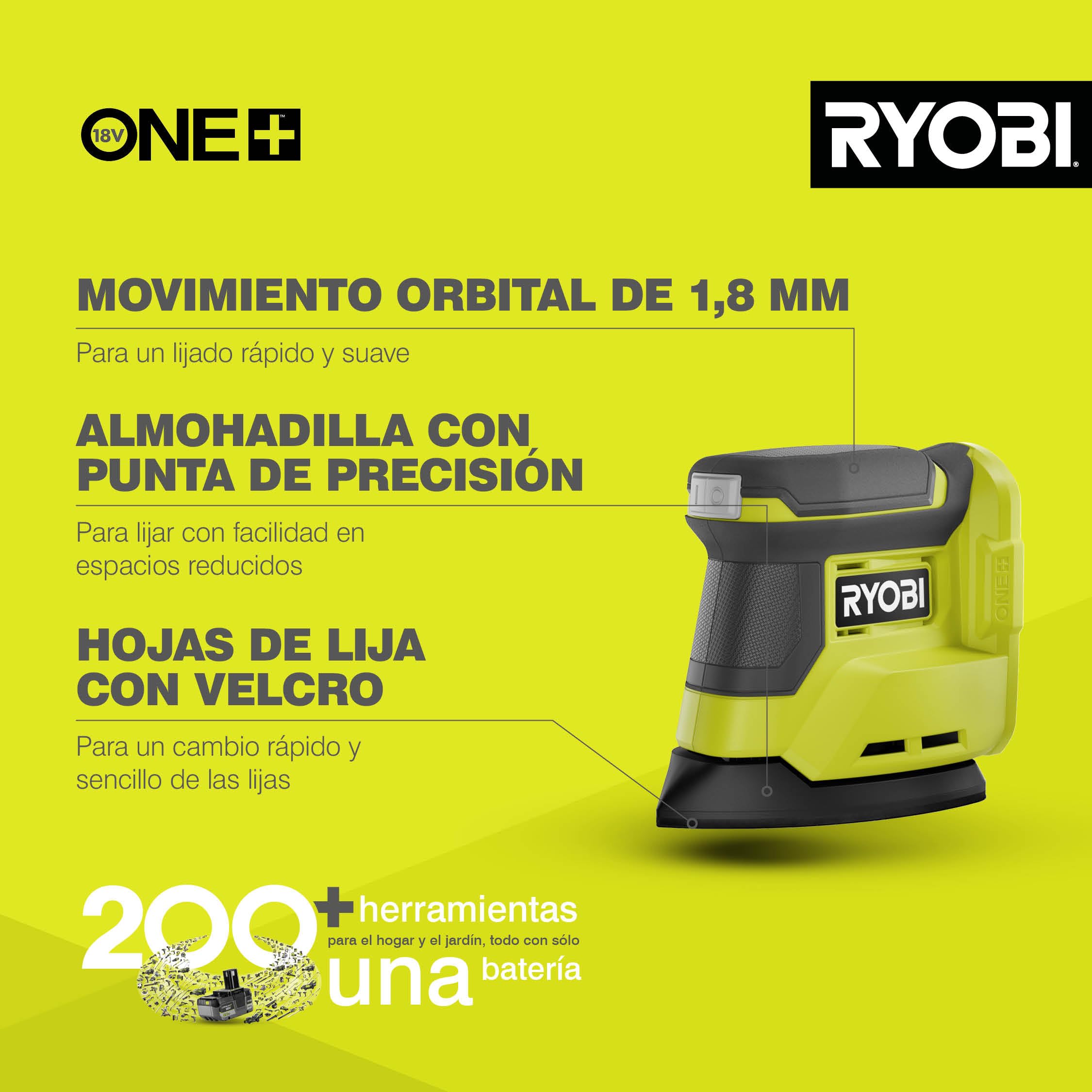RYOBI - Lijadora Triangular 18V ONE+ - base de lijado 100x140mm, Boquilla de Aspiración - Ø Oscilación 1,8mm, 22000osc/min - para Acabados Finos/Pintura - 6 Abrasivos, sin Batería, Cargador - RPS18-0