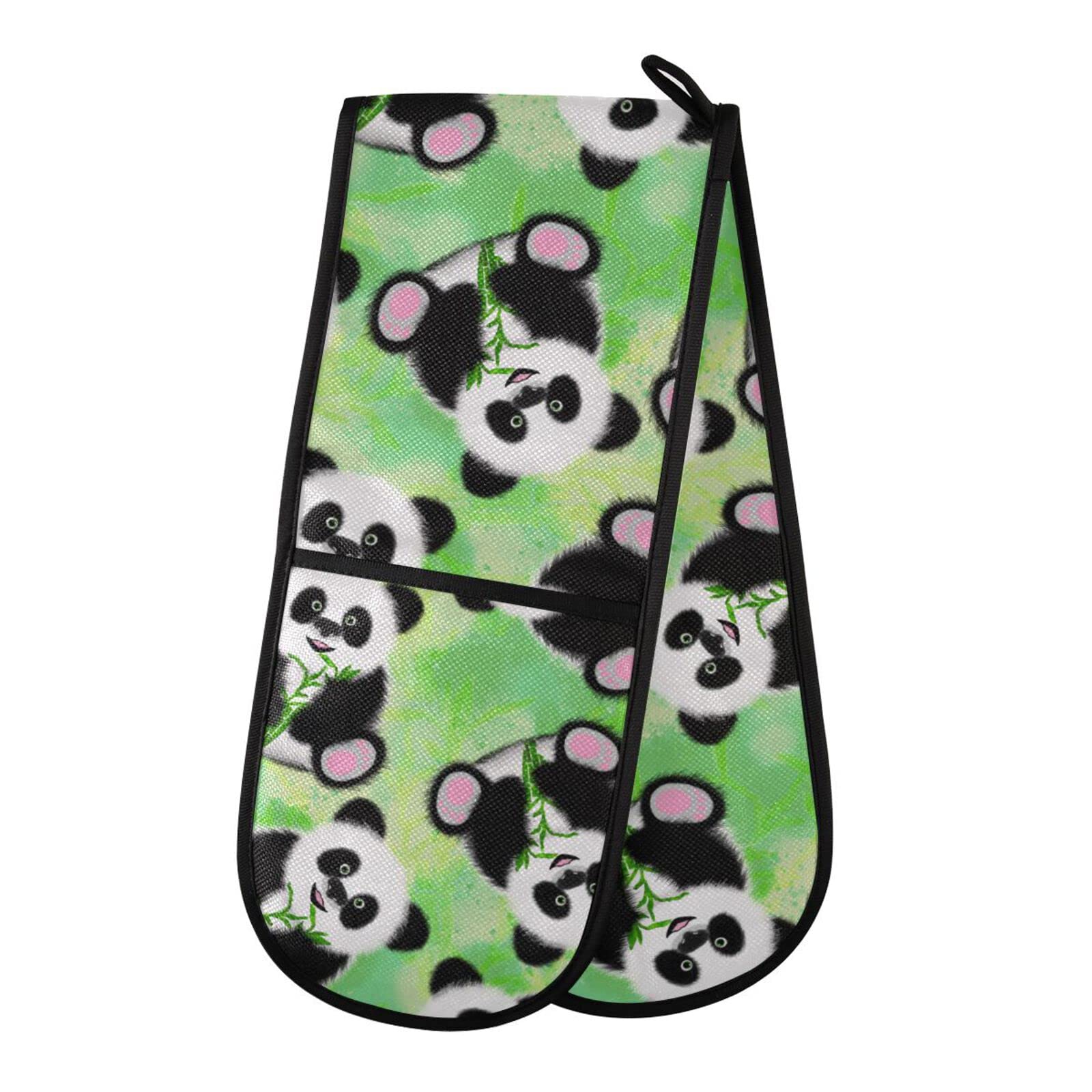 Double Oven Glove Cute Panda Pattern Heat Resistant Double Ovens Mitt Modern Cooking Gloves Potholders