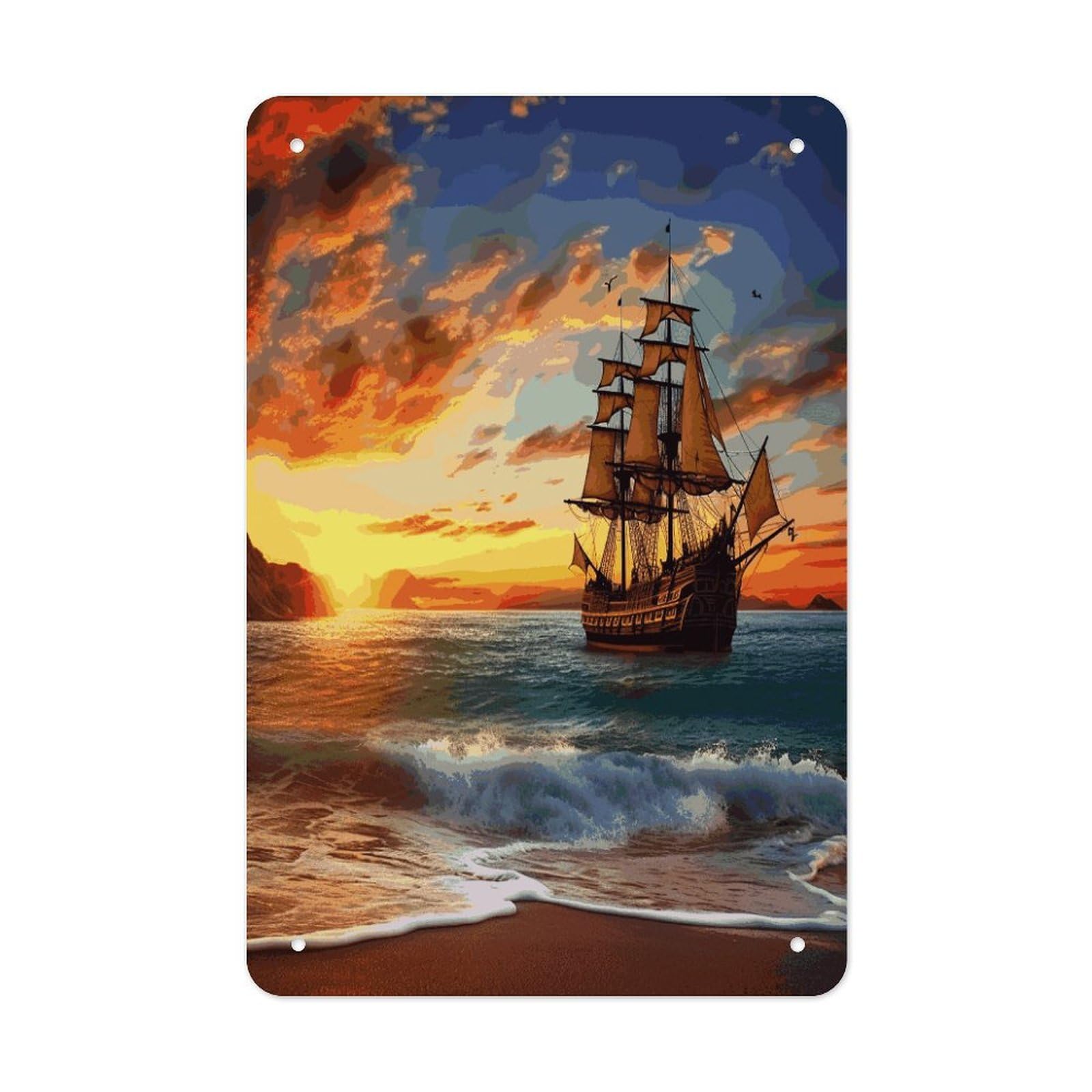Pirate Ship in The Sunset Metal Tin Sign Wall Decor Funny Retro Sign Weatherproof Metal Wall Art for Indoor Or Outdoor Retro Tin Signs for Kitchen Office Home Bar Decor 11.8 X 7.9 Inch