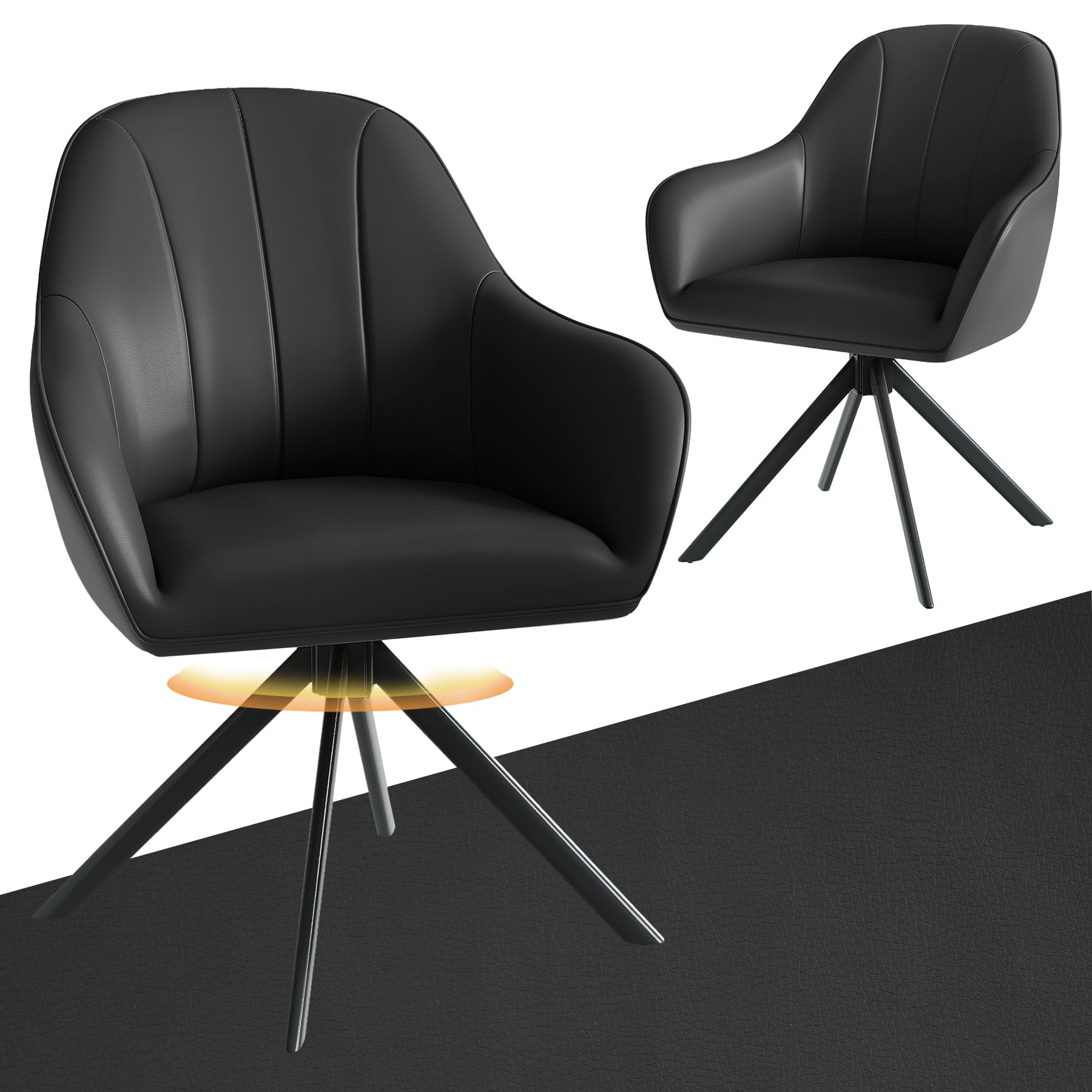 Hawthyhome Esszimmerstühle drehbar 2er Set mit Armlehne | Polsterstuhl mit 5 cm Kissen & Metallbeinen | Moderner Küchenstuhl für Esszimmer, Wohnzimmer, Büro • PU Leder/Schwarz