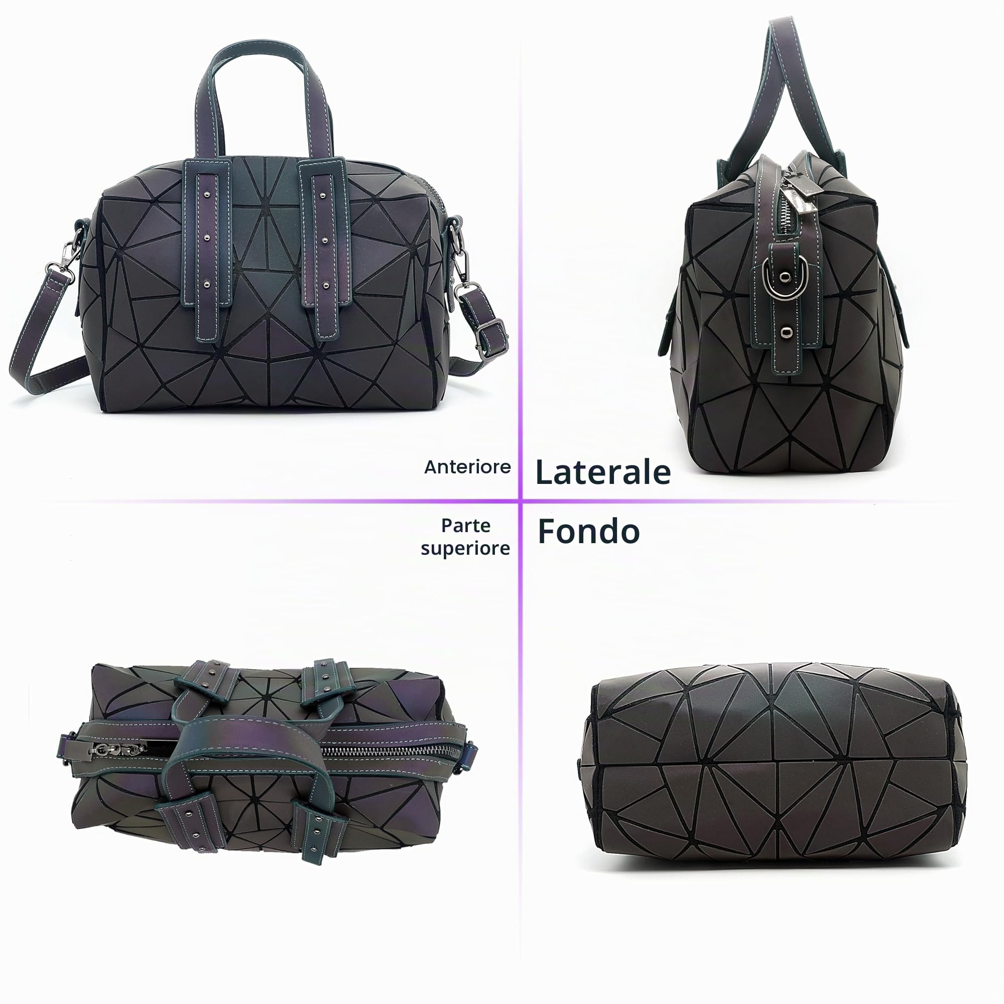Borsa geometrica per le donne, borse e borse geometriche luminose, borse geometriche e borsa a tracolla olografica