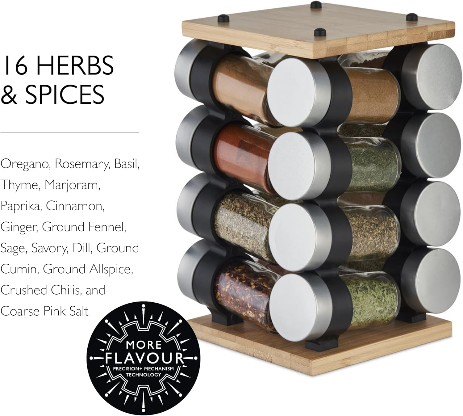 Cole & Mason Blyth Classic Wooden 16 Jar Carousel Bamboo - Spice Rack with Spice Jars Included - Rotating & Spinning Spice Carousel - Four-Tier Organizer - Hand Wash: Home & Kitchen