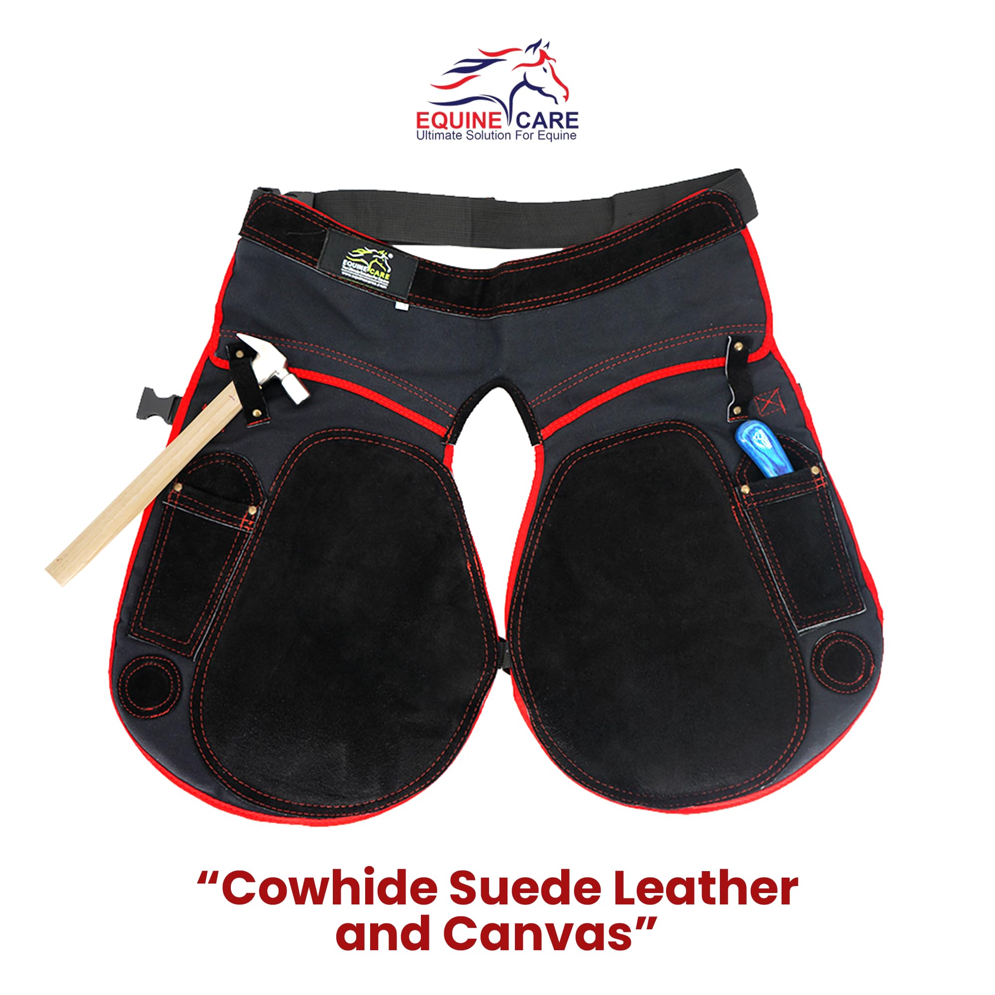 Equine Care Hoefstal Chaps voor vrouwen - 58,4 cm lengte, 71-132 cm taille, rundleer suède leer, 2 zakken, 2 nagelmagneten, 2 hamerlussen - ideaal voor paardenschoenen (zwart met rode bies