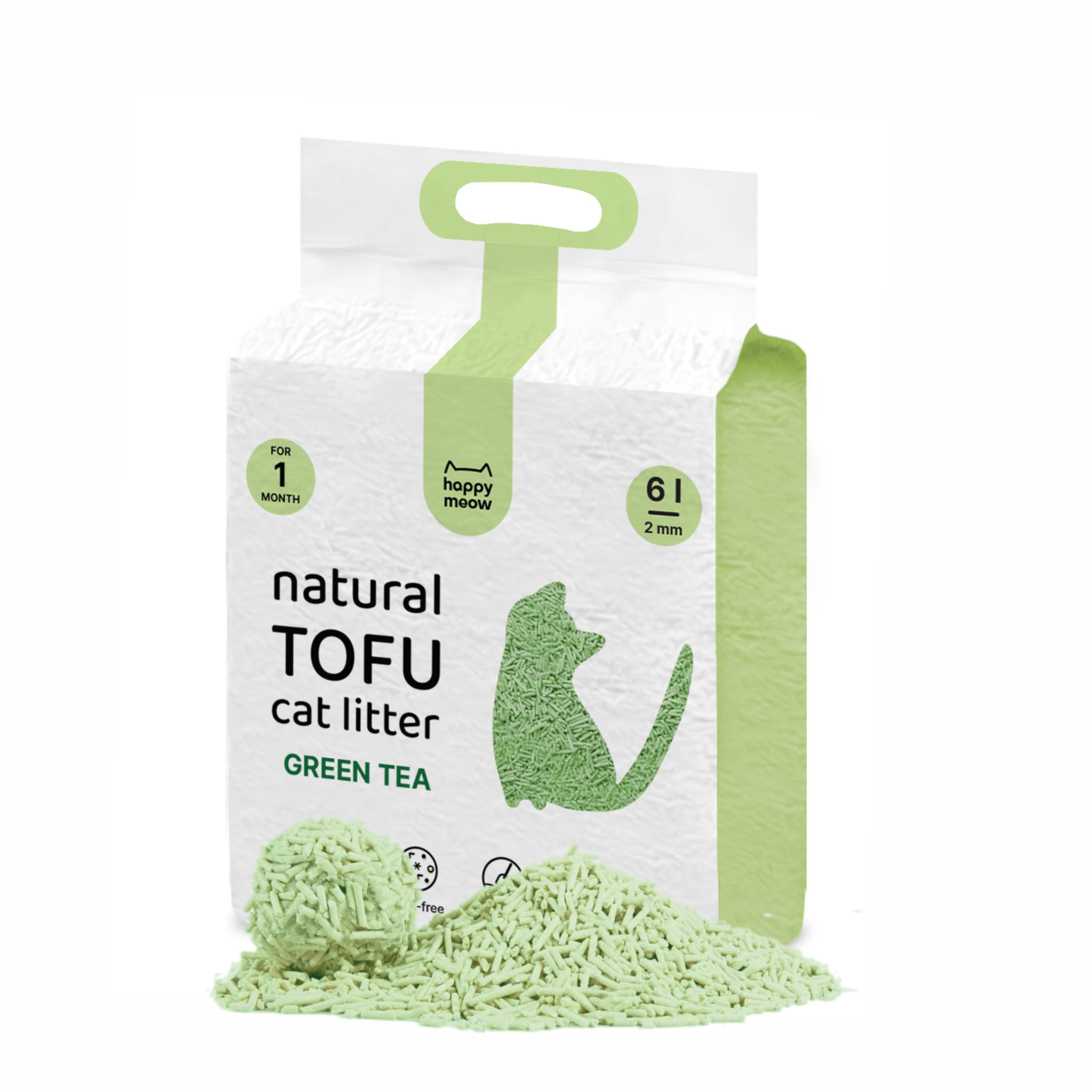 HAPPY MEOW Arena para Gatos de Tofu, Arena Gatos Aglomerante,Arena para Gatos 100% Natural 6 litros Biodegradable Fórmula Libre de Polvo (Té Verde)