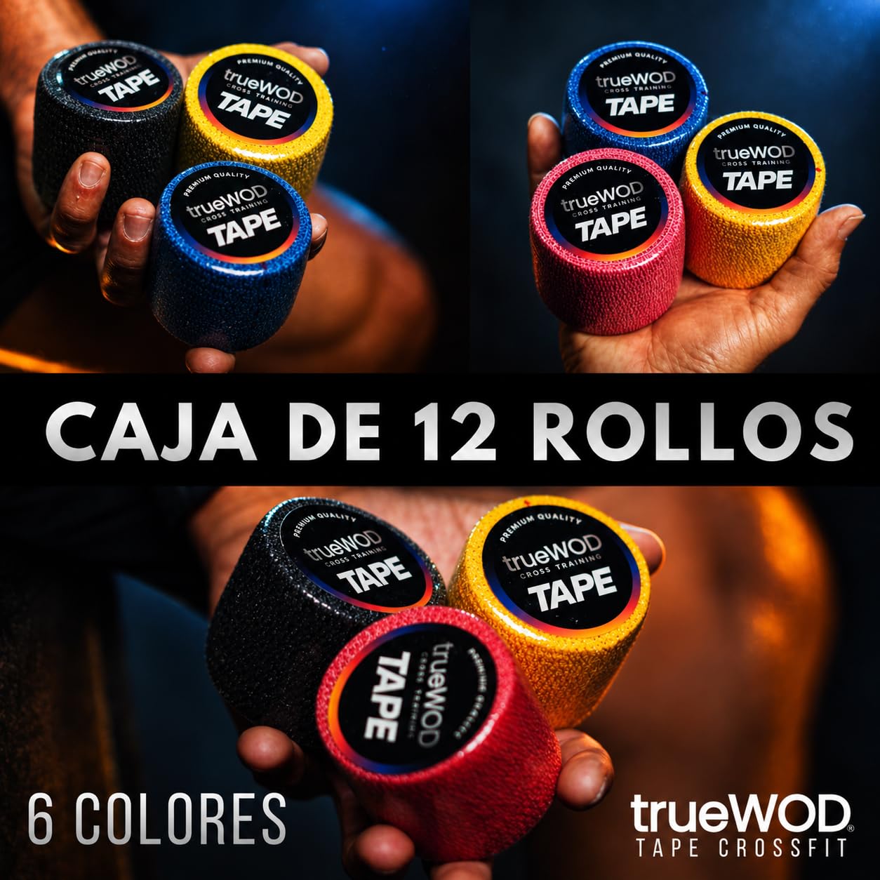 trueWOD Tape Crossfit Dedos Cinta Adhesiva Flexible Hook Grip Tape Athletic Esparadrapo Deportivo Accesorios Crossfit Mujer Hombre Halterofilia - 12 Rollos de 4.5m x 5cm Multicolor